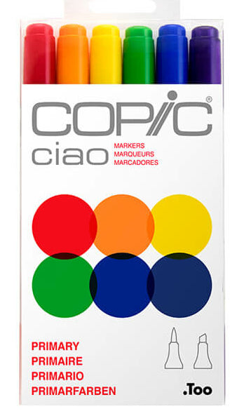 Copic Ciao Brush Pen, Doppelspitze, Primärfarben – Pinselspitze + mittelfeine Spitze, alkoholbasiert, 6 Farben