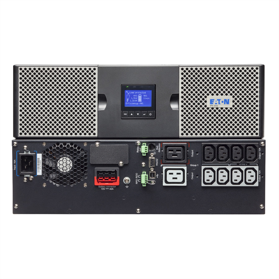 Eaton 9PX 3000i RT3U – USV Online (Doppelwandler), 3 kVA/3000 W, Rack 3U, 10× IEC (C13/C19), VRLA, LCD