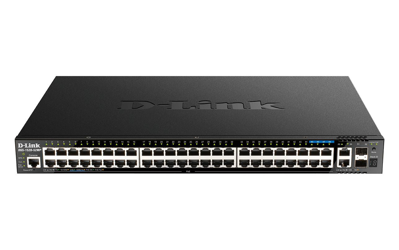 D-Link DGS-1520-52MP – Managed L3 Switch – 44× 1G, 4× 2,5G, 2× 10G, 2× SFP+, PoE+, PoE-Budget 370 W, 19", 1U