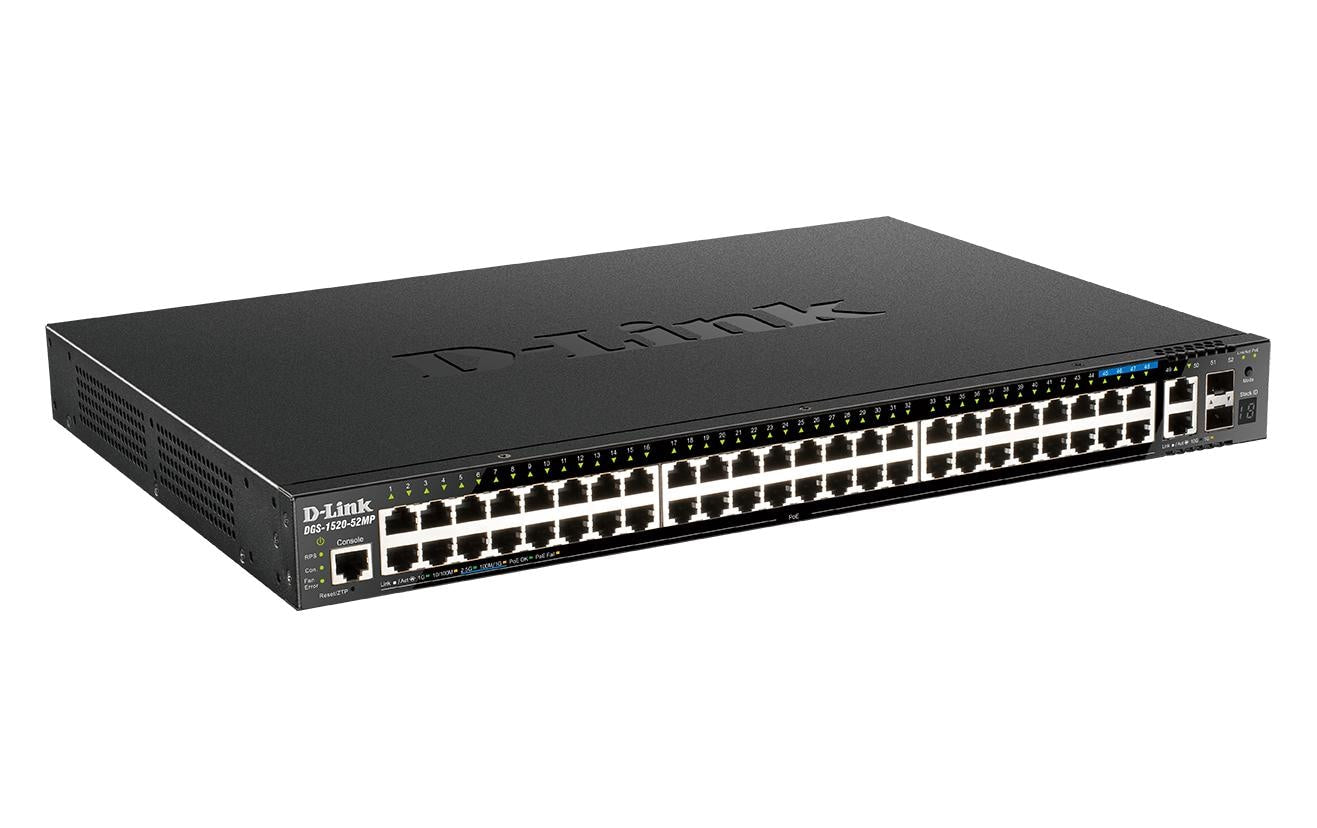 D-Link DGS-1520-52MP – Managed L3 Switch – 44× 1G, 4× 2,5G, 2× 10G, 2× SFP+, PoE+, PoE-Budget 370 W, 19", 1U