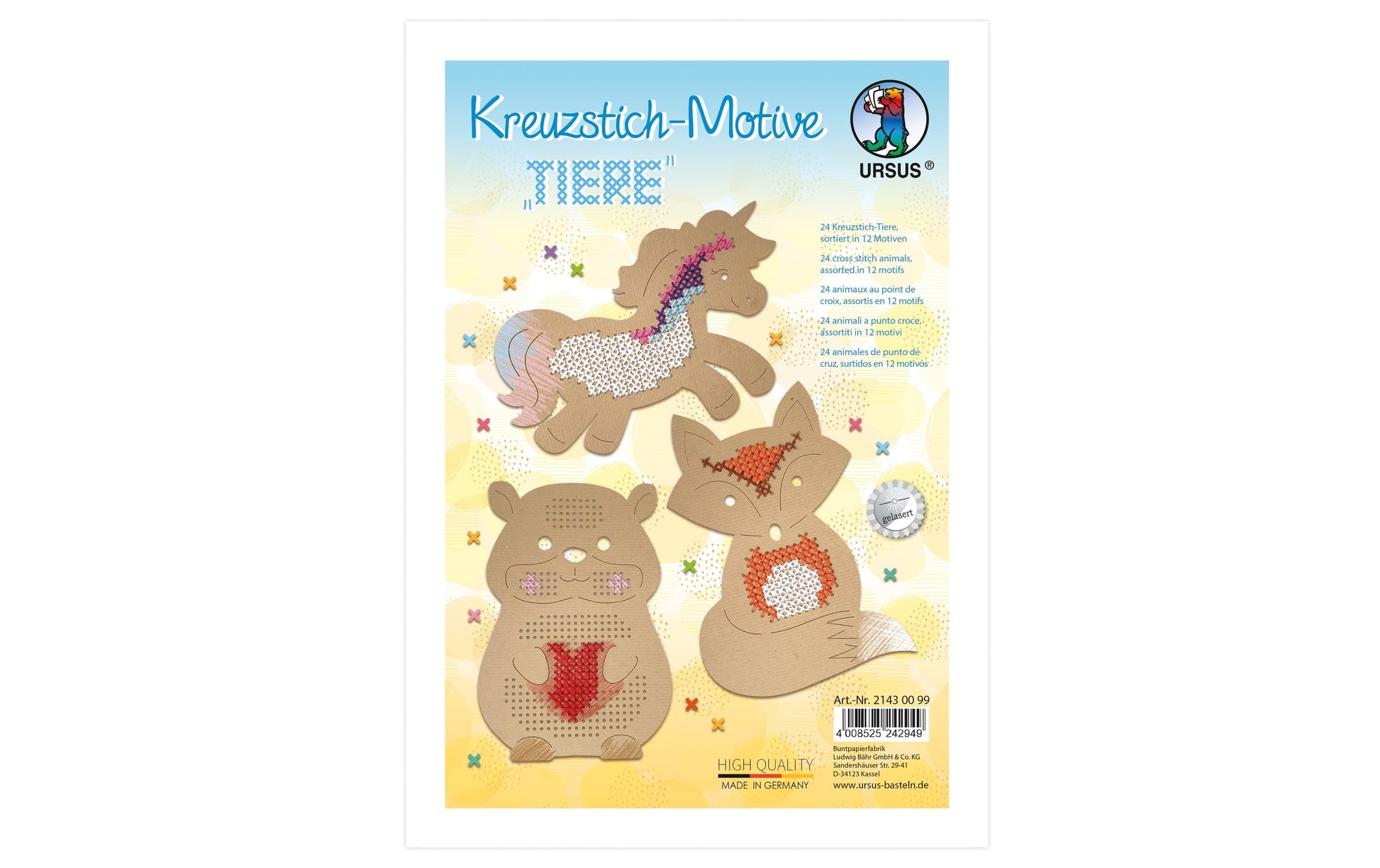 URSUS Stickset Kreuzstich – Tiere – 14,5 × 20 cm – 12 Motive – Karton, Braun