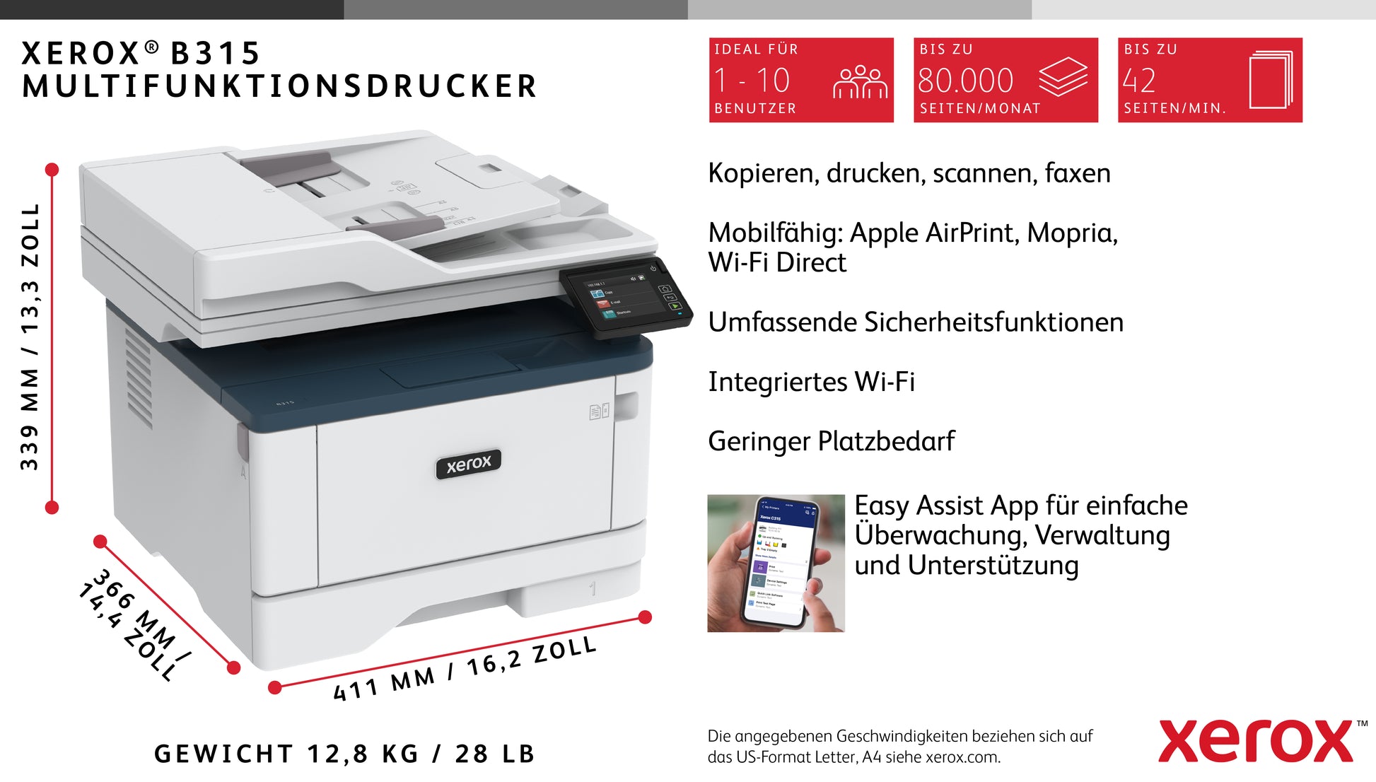 Xerox B315 – SW Laser-Multifunktionsdrucker, A4, 4-in-1, Duplex, ADF, WLAN/LAN, AirPrint, Mopria, Touchscreen