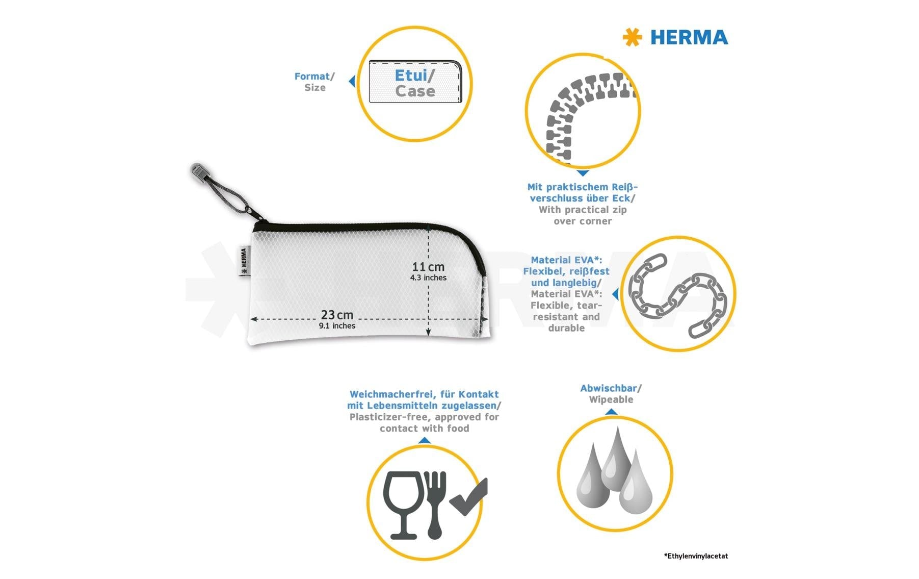 HERMA Reissverschlusstasche – Gelb – Kunststoff – 23 × 11 × 0,7 cm