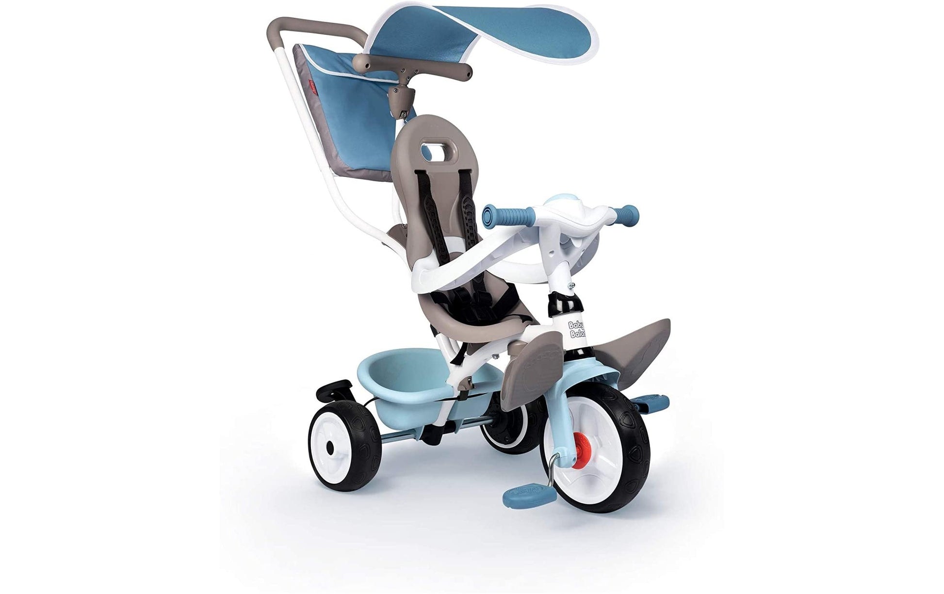 Smoby Balade Plus Dreirad – Push & Pedal, Freilauf, Schiebestange – 68 × 101 × 52 cm – ab 1 Jahr – grau/hellblau