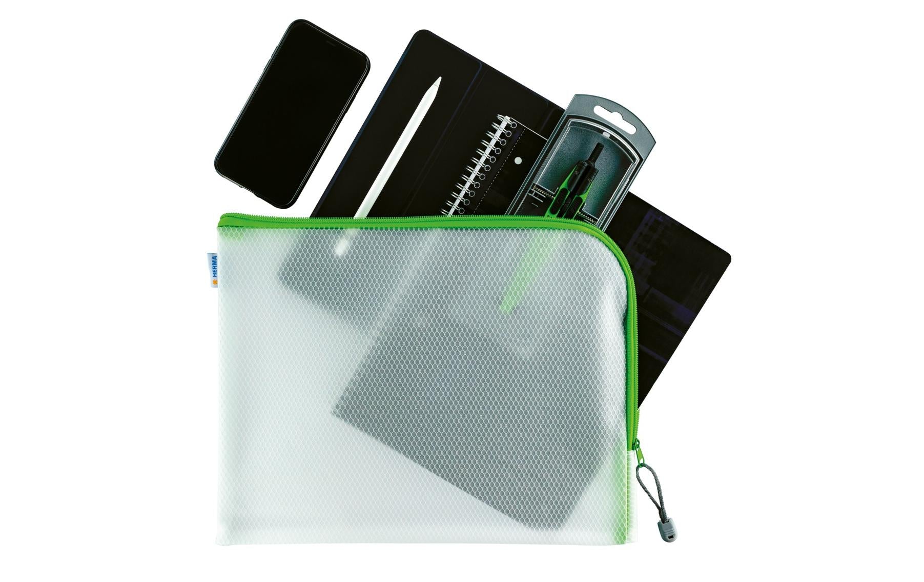 HERMA Reissverschlusstasche Etui – Grün – Kunststoff – 36 × 28 × 0,7 cm