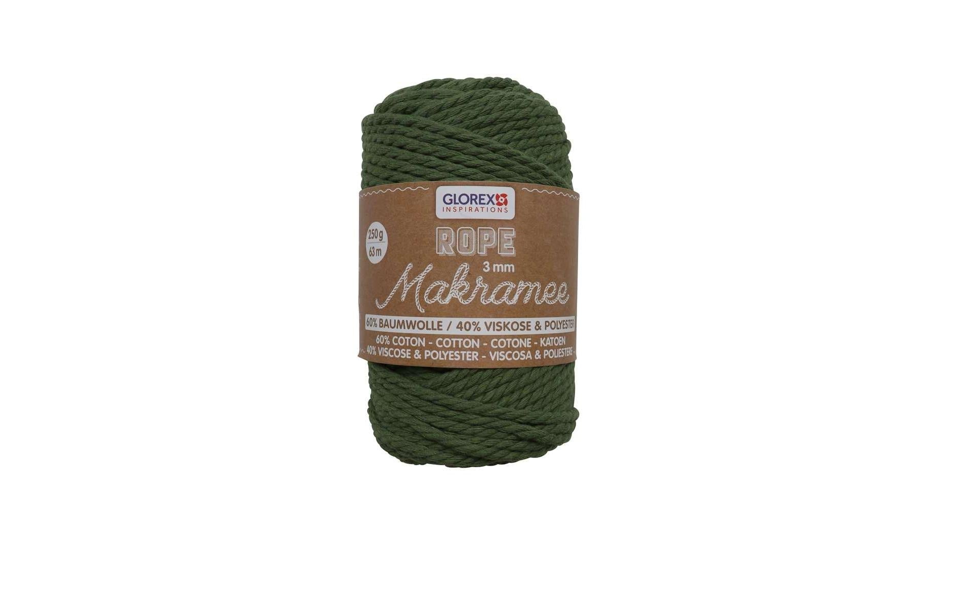 Glorex Makramee-Kordel Olivgrün – Ø 3 mm, 250 g, 63 m, Baumwolle/Polyester