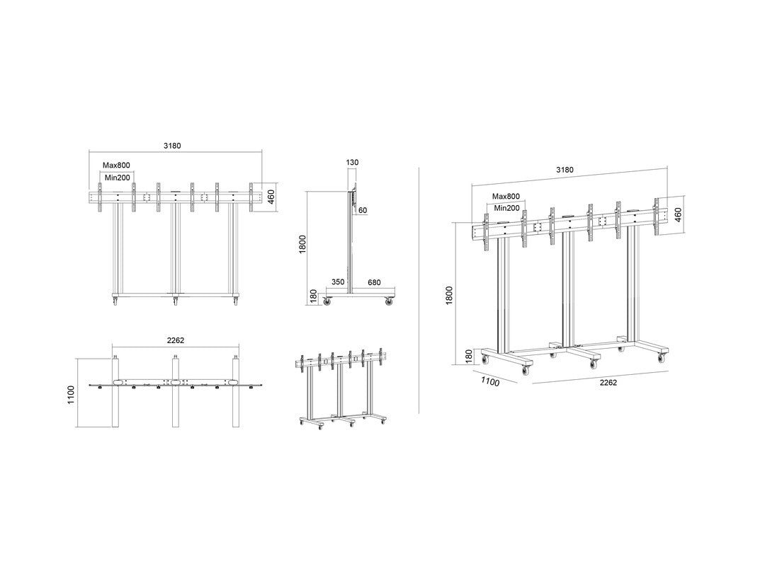 Multibrackets Videowand-Stand, für 3 Displays, höhenverstellbar, VESA 800×400, bis 120 kg, für 70"