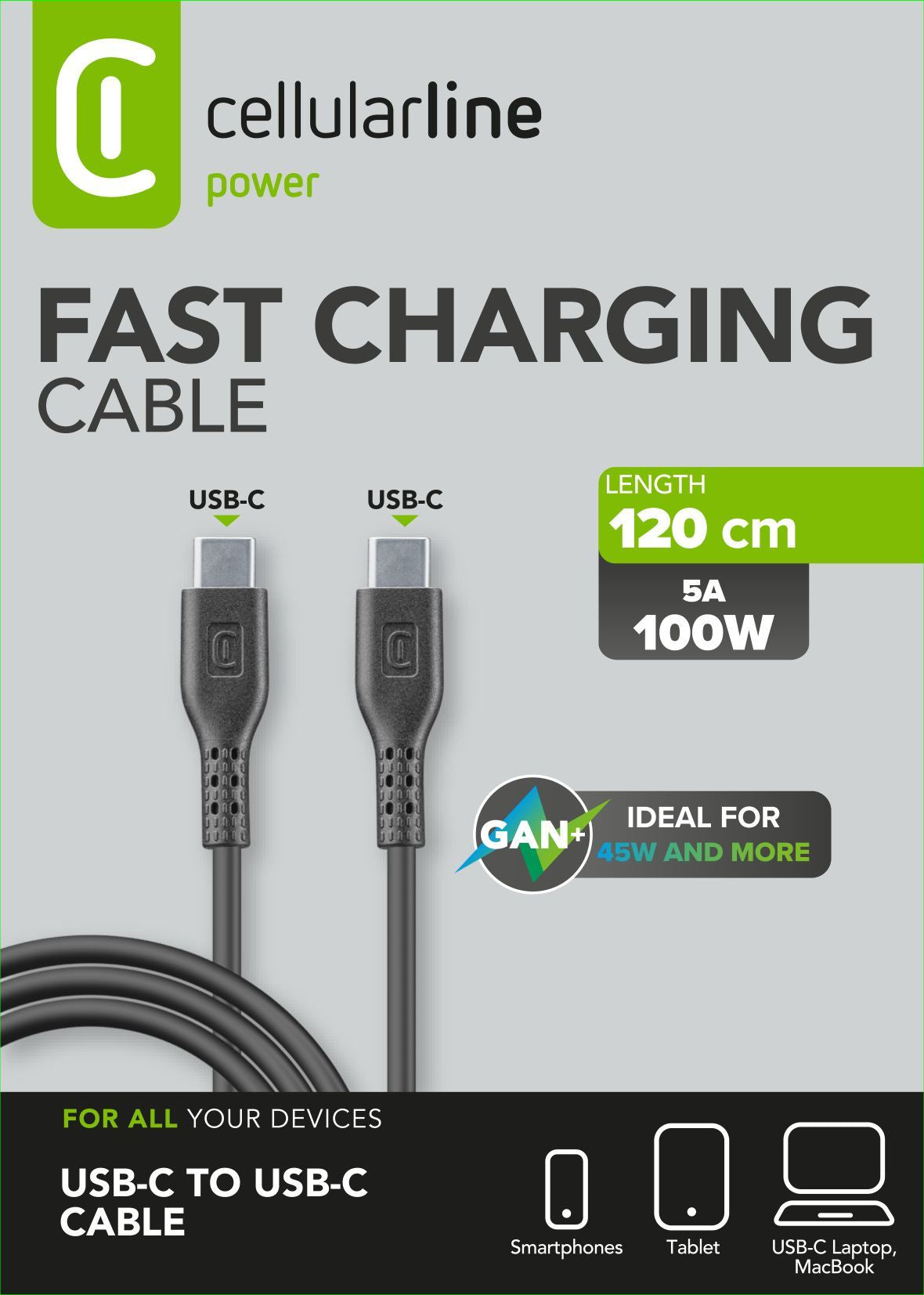 Cellularline USB-C auf USB-C Kabel – 1,2 m – PD 100 W – Schwarz – für Smartphones, Tablets und mehr