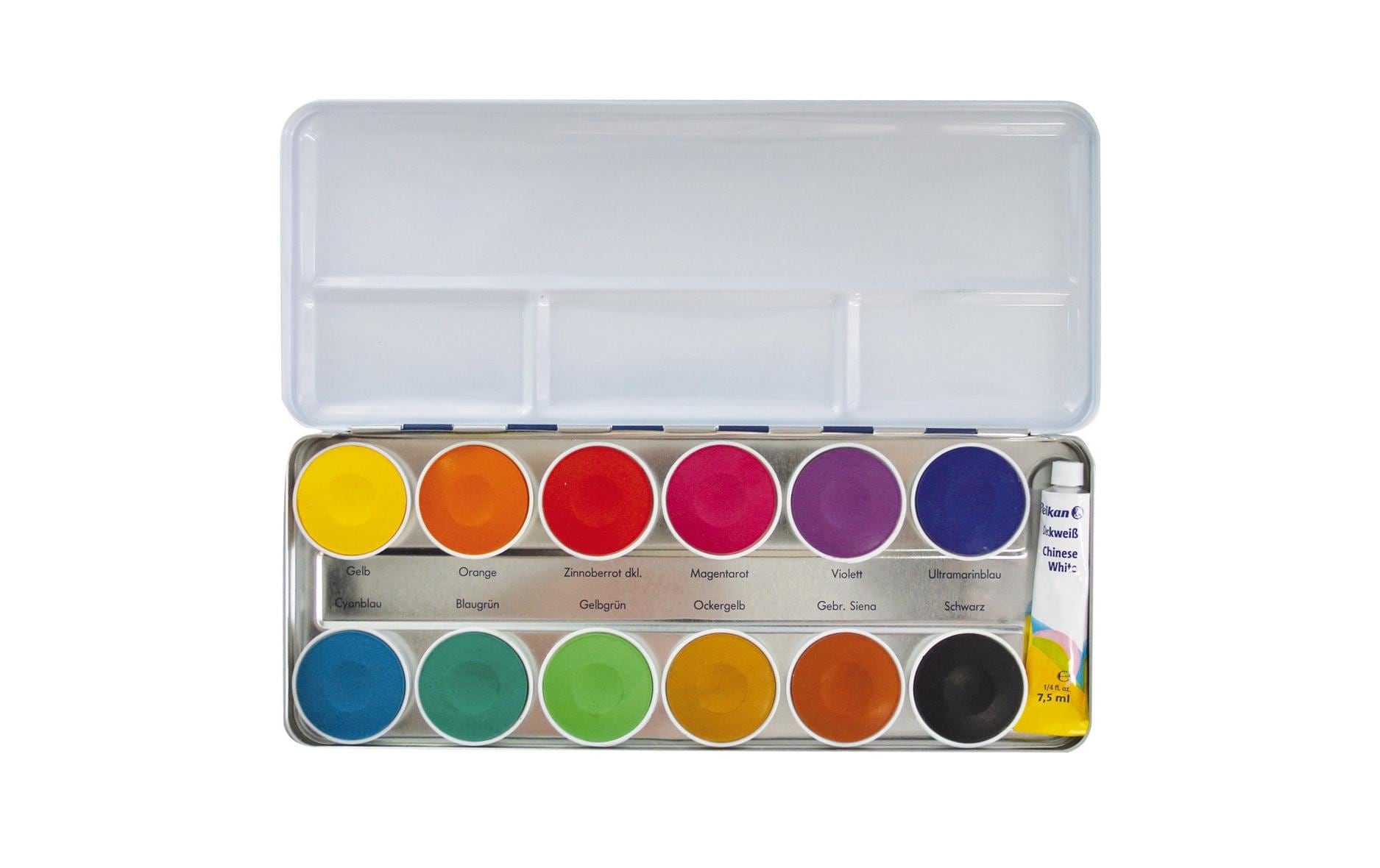 Pelikan Space+ Deckfarbkasten – Mehrfarbig, mit Deckweiss, lichtecht – 12 Farben (12×7,5 ml (90 ml))