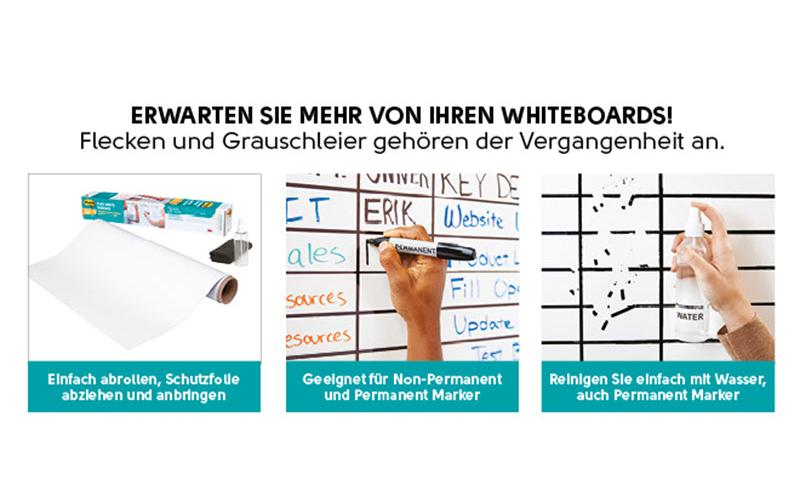 Post-It Whiteboard – 121,9 × 182,9 cm, Folie, Wandmontage, inkl. Mikrofasertuch, Wasserflasche