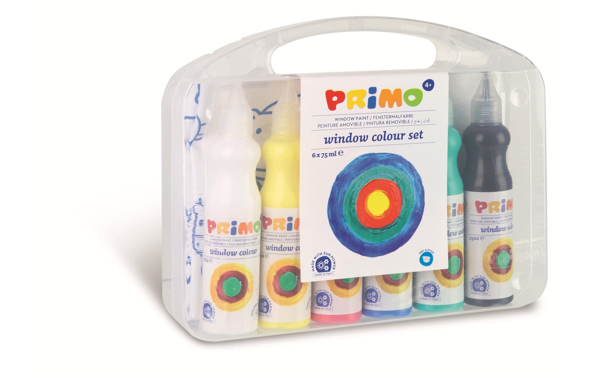 Primo Fenstermalfarbe – Schwarz/Blau/Grün/Pink/Weiss/Gelb – 6×75 ml (450 ml) – für Glas