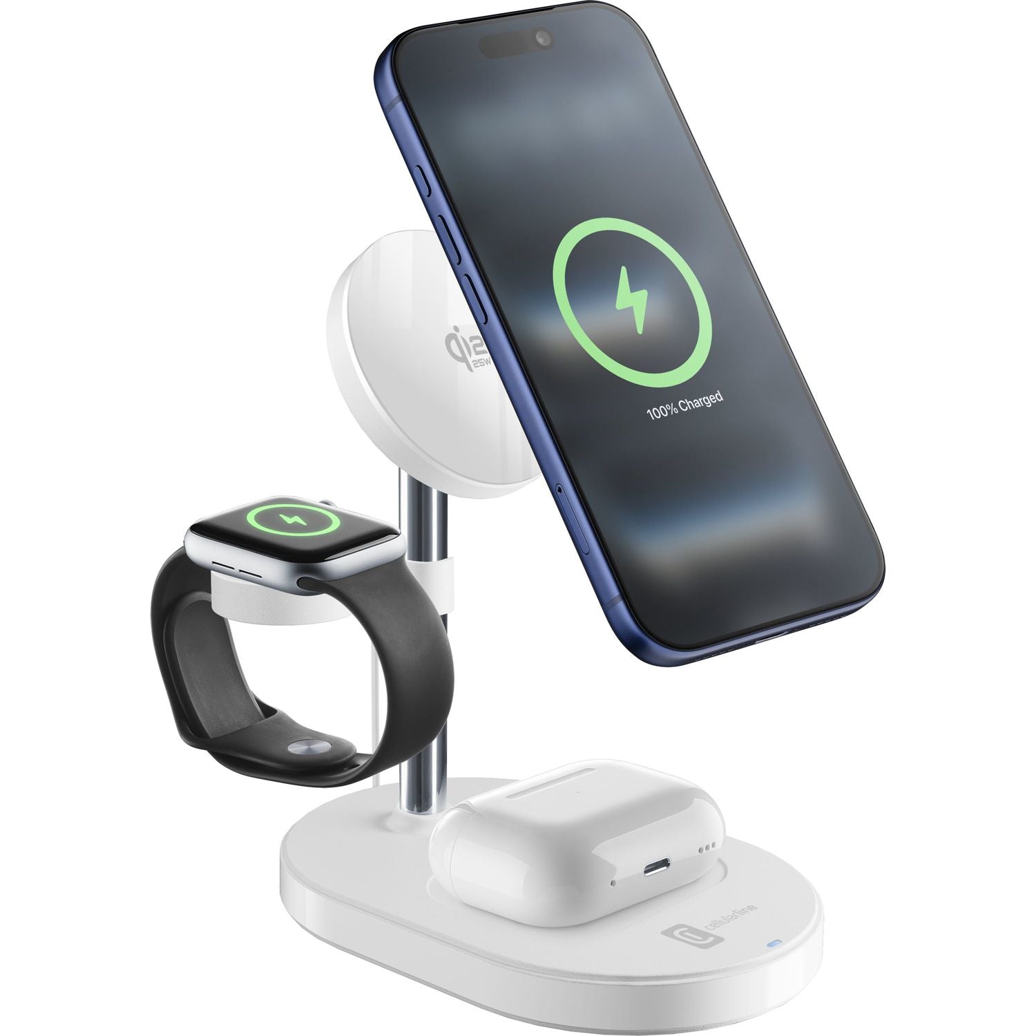 Cellularline Mag Trio 3-in-1 Ladeständer – Qi2 – 25 W/5 W – für iPhone/Apple Watch/AirPods – Weiss