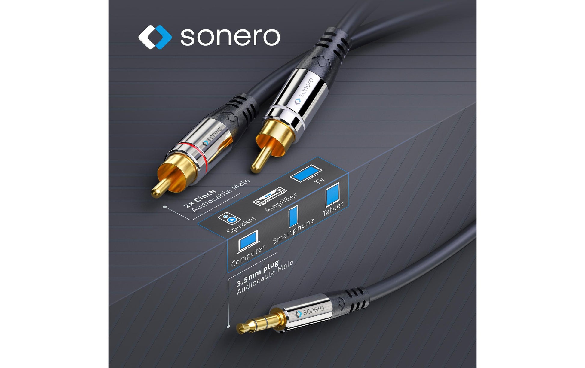 Sonero 3,5 mm auf 2× Cinch Adapterkabel – 3,5 mm Klinkenstecker zu 2× Cinchstecker – 5 m, vergoldete Stecker