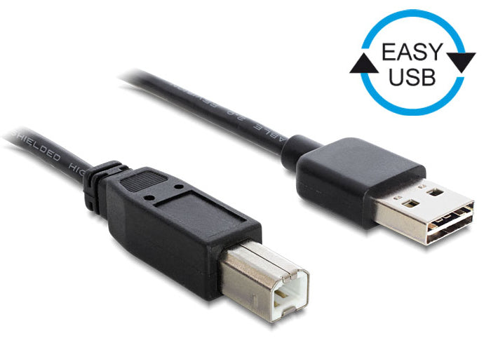 DeLOCK USB-A auf USB-B Kabel – USB 2.0 (480 Mbit/s) – 2 m – Beidseitig einsteckbar – Schwarz