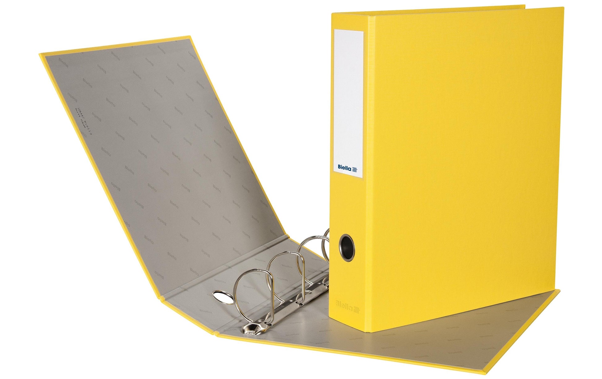 Biella Zeigebuch – A4 Hochformat – 4-Ring Bügelmechanik, Ø 50 mm, Rücken 70 mm – Gelb, Karton, mit Griffloch, FSC