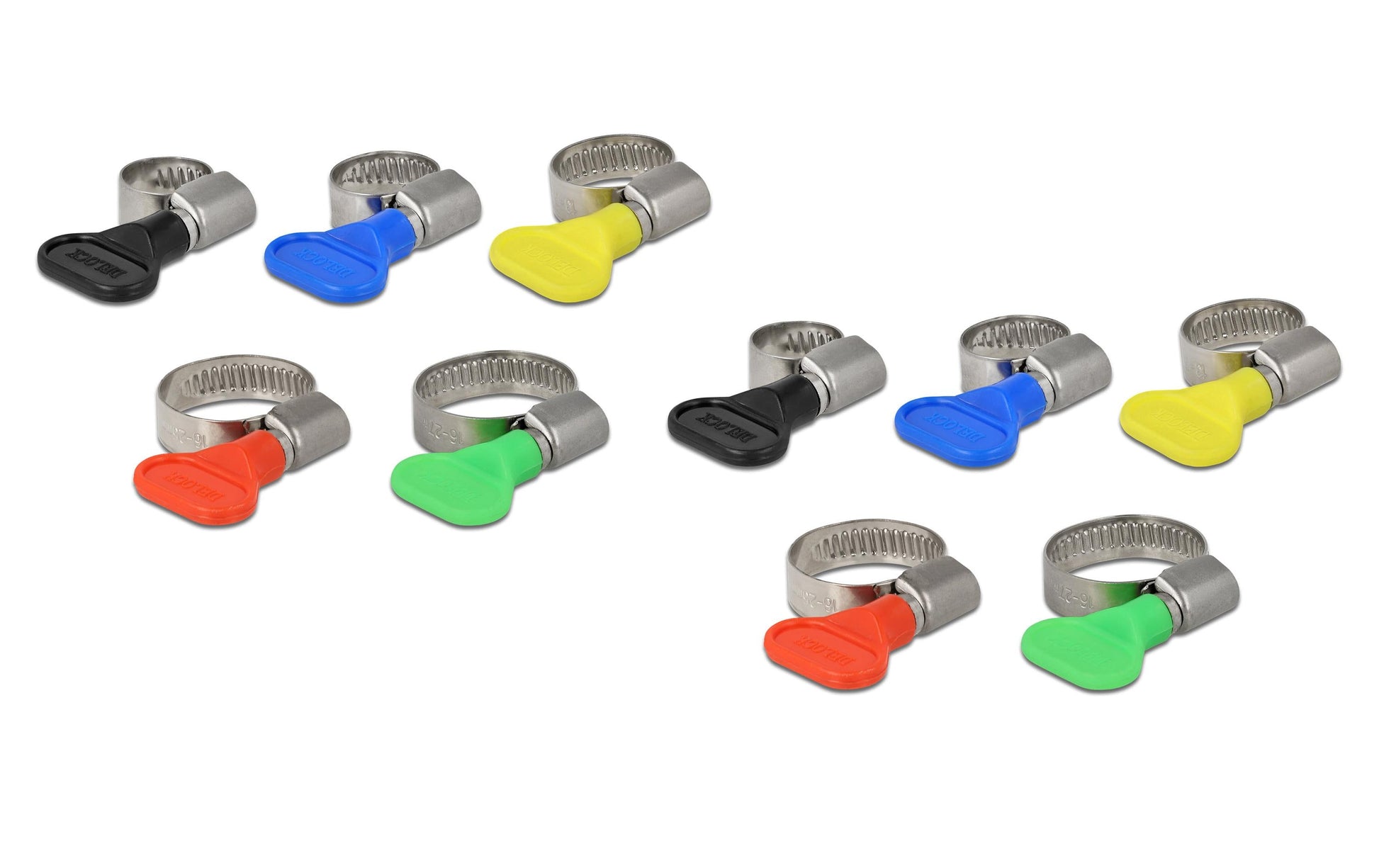 DeLOCK Schlauchschellen mit Flügelmutter – 9 mm, Edelstahl/Kunststoff, Mehrfarbig (Grün/Gelb), 10 Stk.