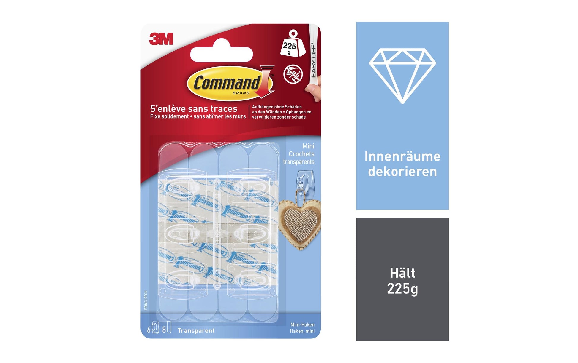 3M Command Haken – Kunststoff – Transparent – 0,225 kg – 11 × 28,6 mm – 6 Stück