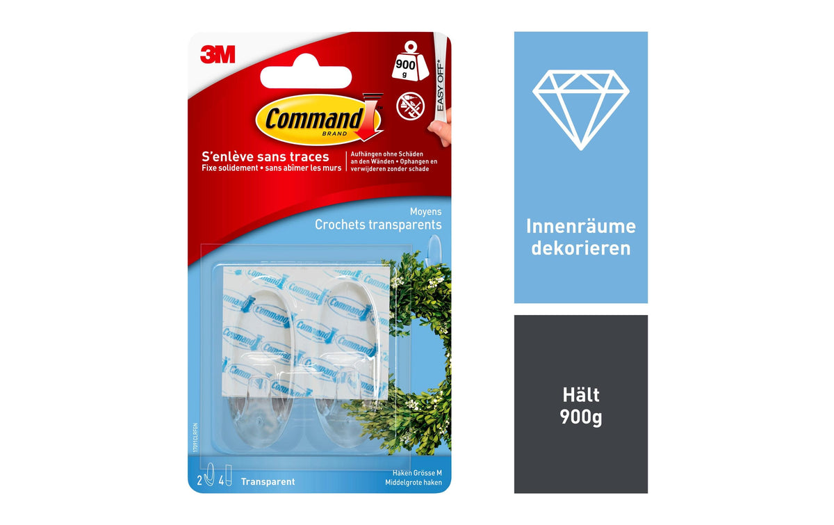 3M Command Haken – Kunststoff – Transparent – 0,9 kg – 2 Stück