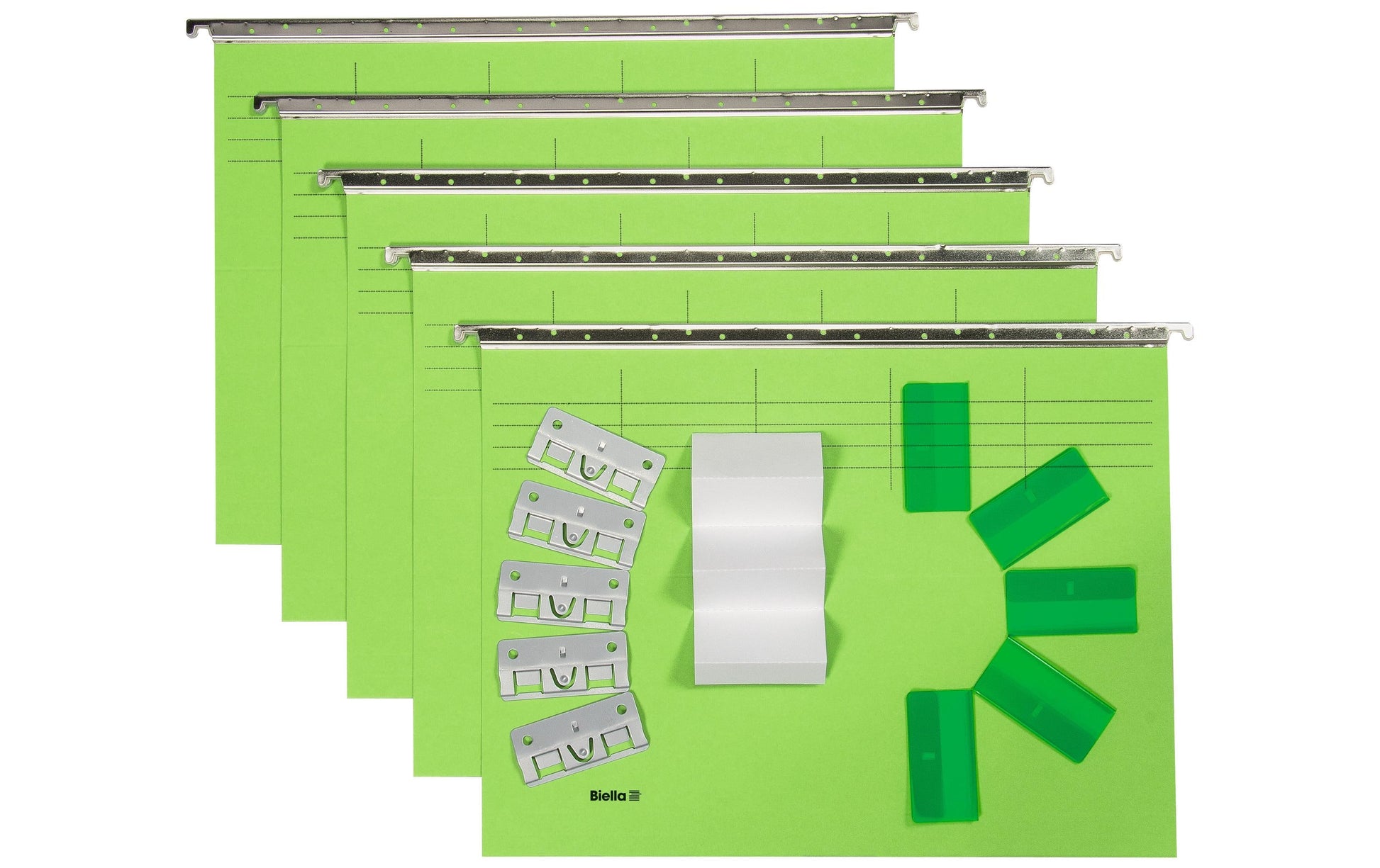 Biella Hängemappe – für A4, grün, Karton, 5 Stk., inkl. 5 Metall-Clip-Reiter