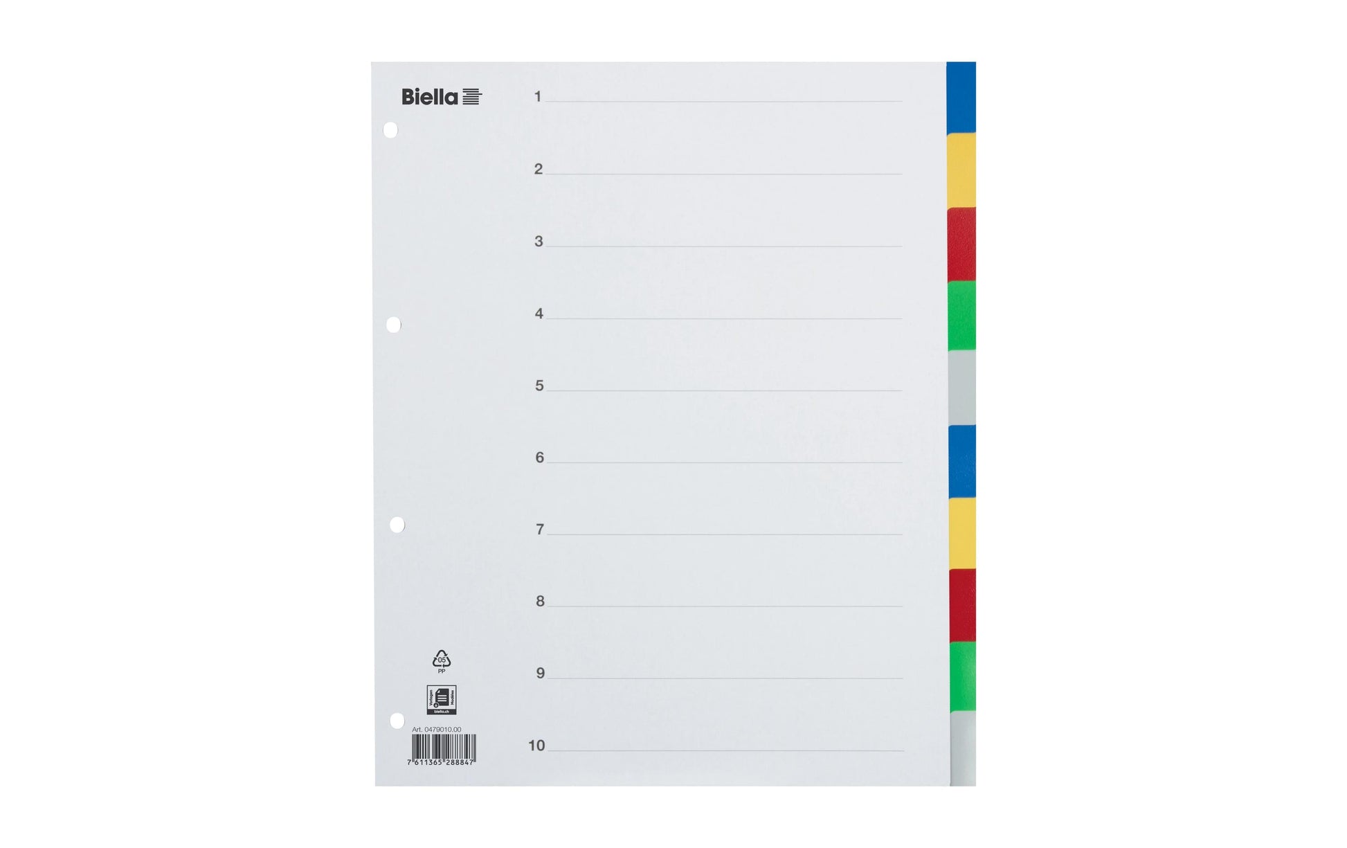 Biella Register – A4, 10-teilig, Kunststoff, farbig, unbedruckt, mit Indexblatt, für Zeigebuchtaschen