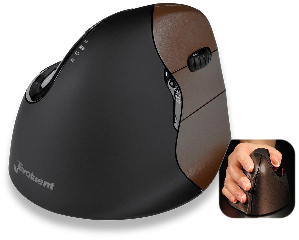 Evoluent VerticalMouse 4 Small Rechtshändige Ergonomische Maus – Kabellos, Programmierbare Tasten, Schwarz/Braun