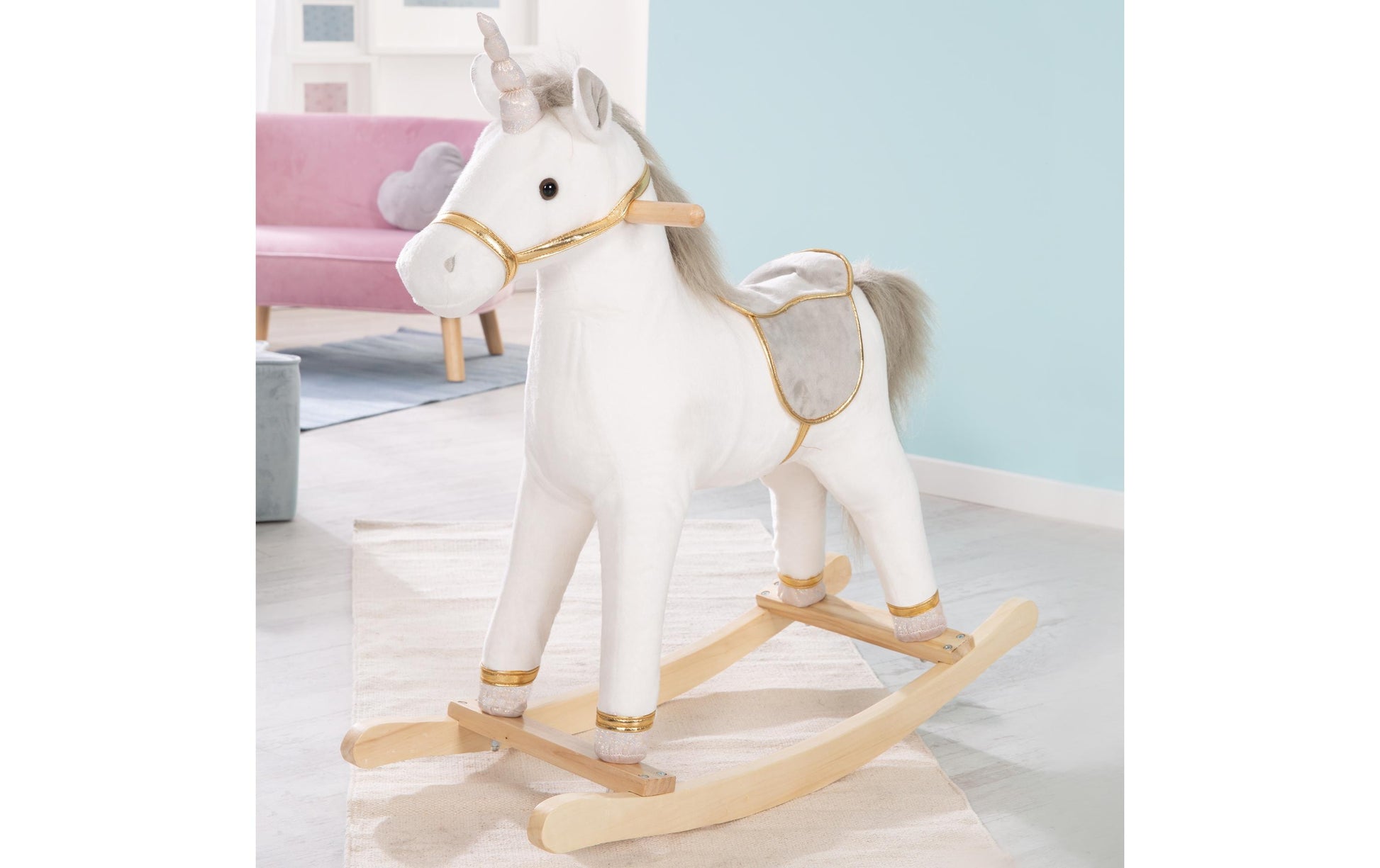 roba 460120 Schaukelspielzeug Einhorn – 31 × 63 × 73 cm – ab 2 Jahren – Sperrholz, Polyester – grau/weiss/gold