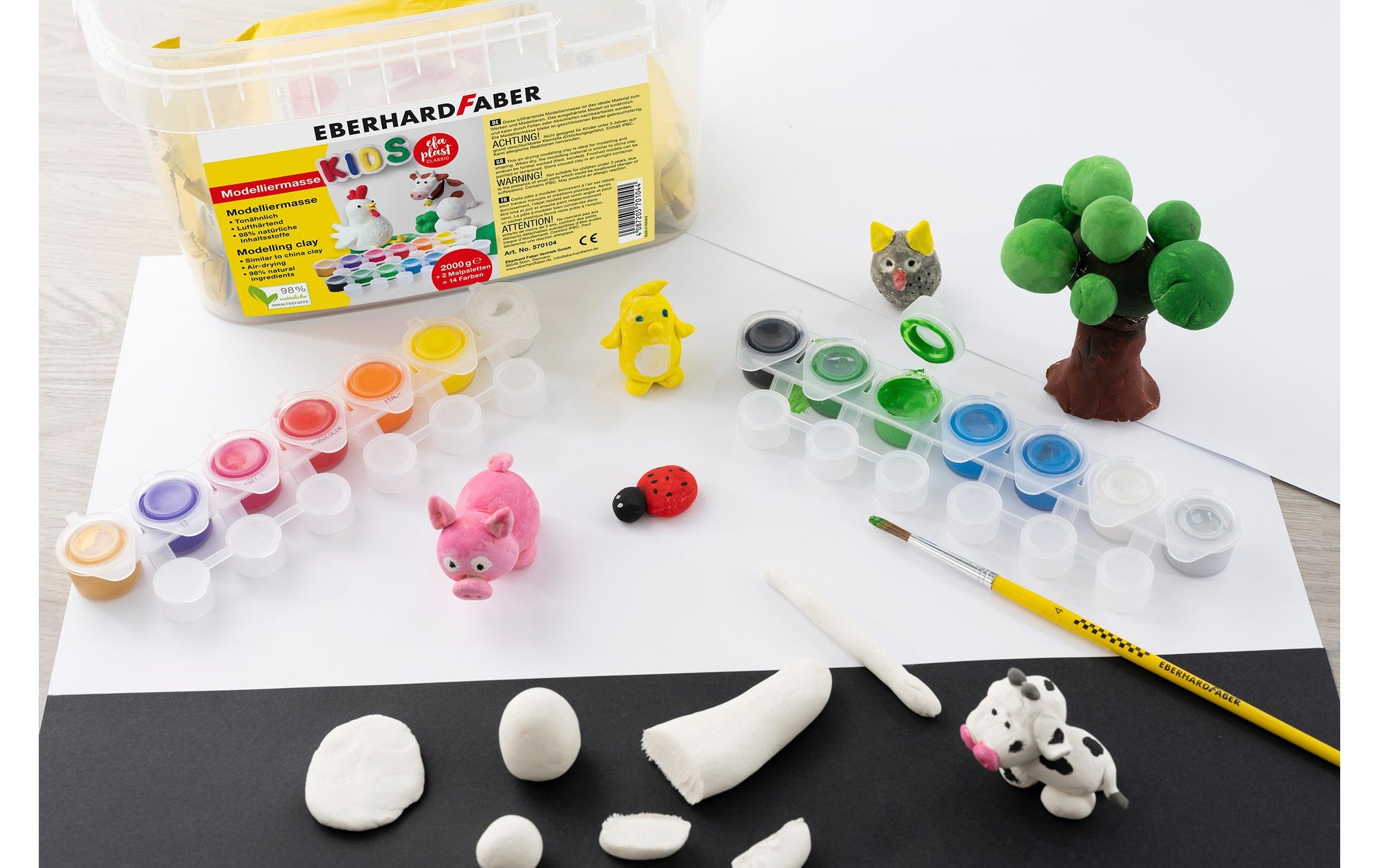 Eberhard Faber EFA Plast KIDS – Modelliermasse-Set – 2 kg, 14 Töpfchen Schulmalfarbe, Weiss