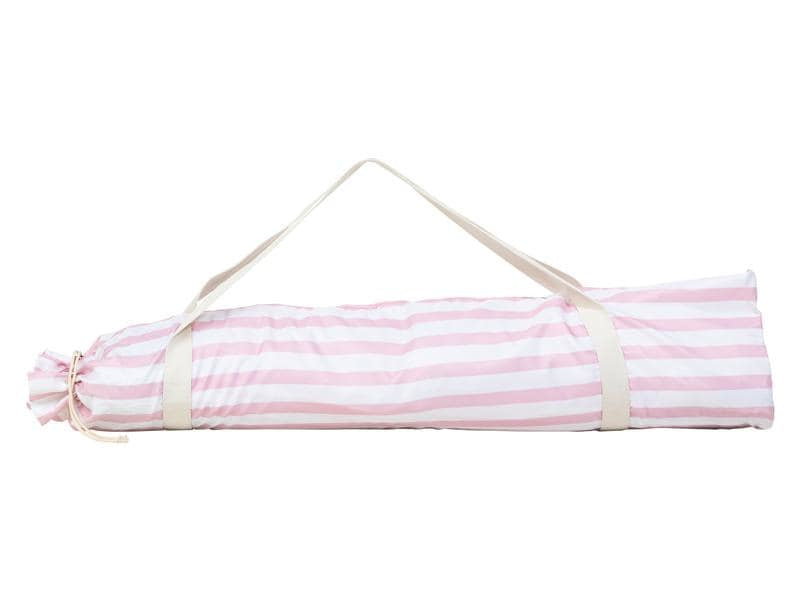 KOOR Strandschirm – rund, gestreift, Holzstange – Ø 150 cm, 180 cm hoch – rosa, weiss – Polyester