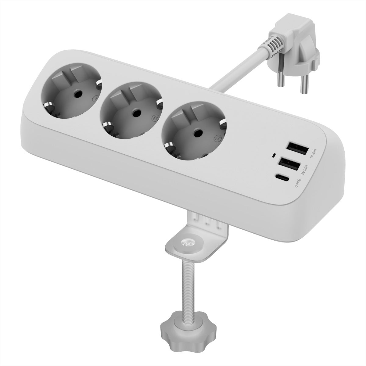 VALUE Tisch-Steckdosenleiste 3× Schutzkontakt 3680 W – USB‑C×1, USB‑A×2, USB 32 W – Tischklemme, 1,5 m