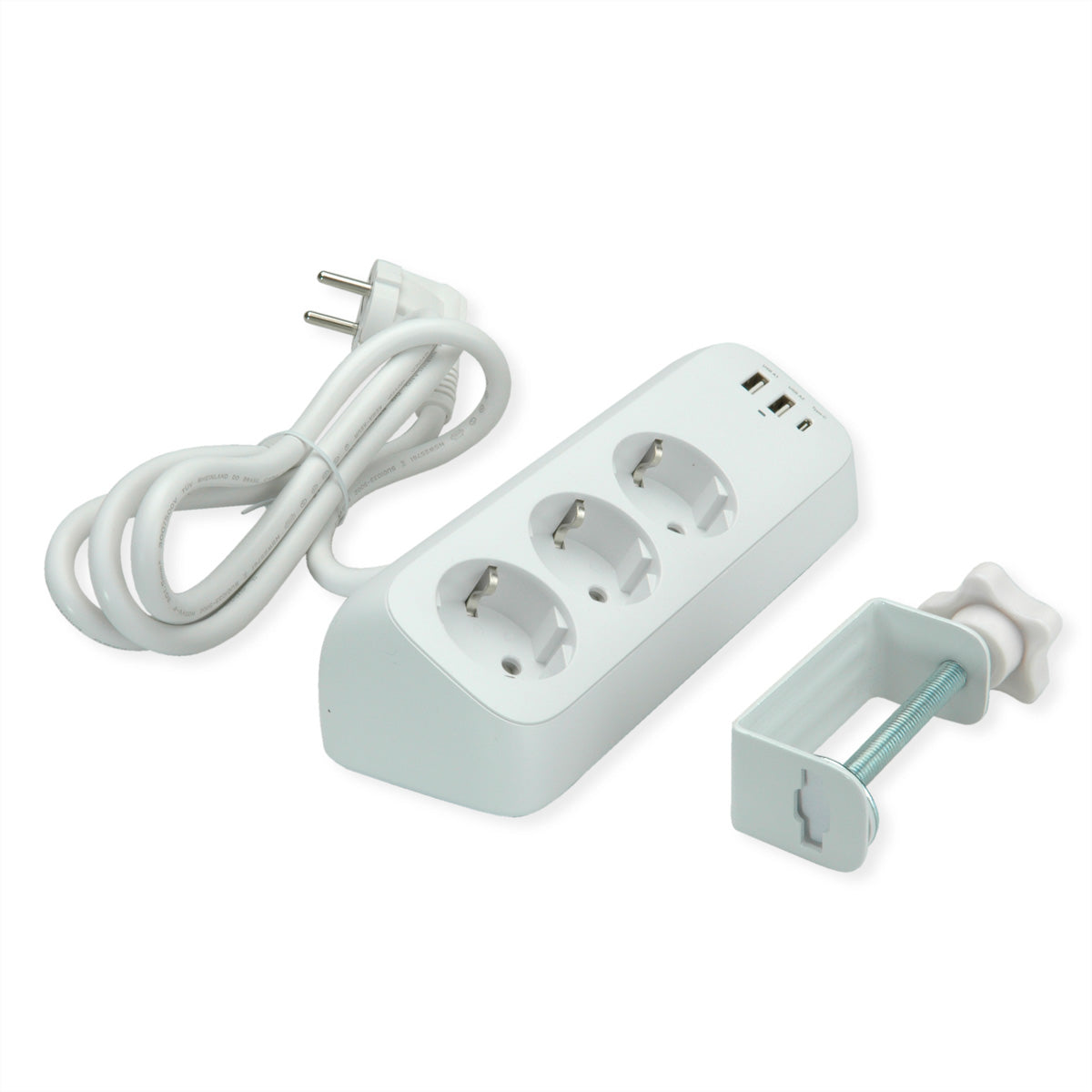 VALUE Tisch-Steckdosenleiste 3× Schutzkontakt 3680 W – USB‑C×1, USB‑A×2, USB 32 W – Tischklemme, 1,5 m
