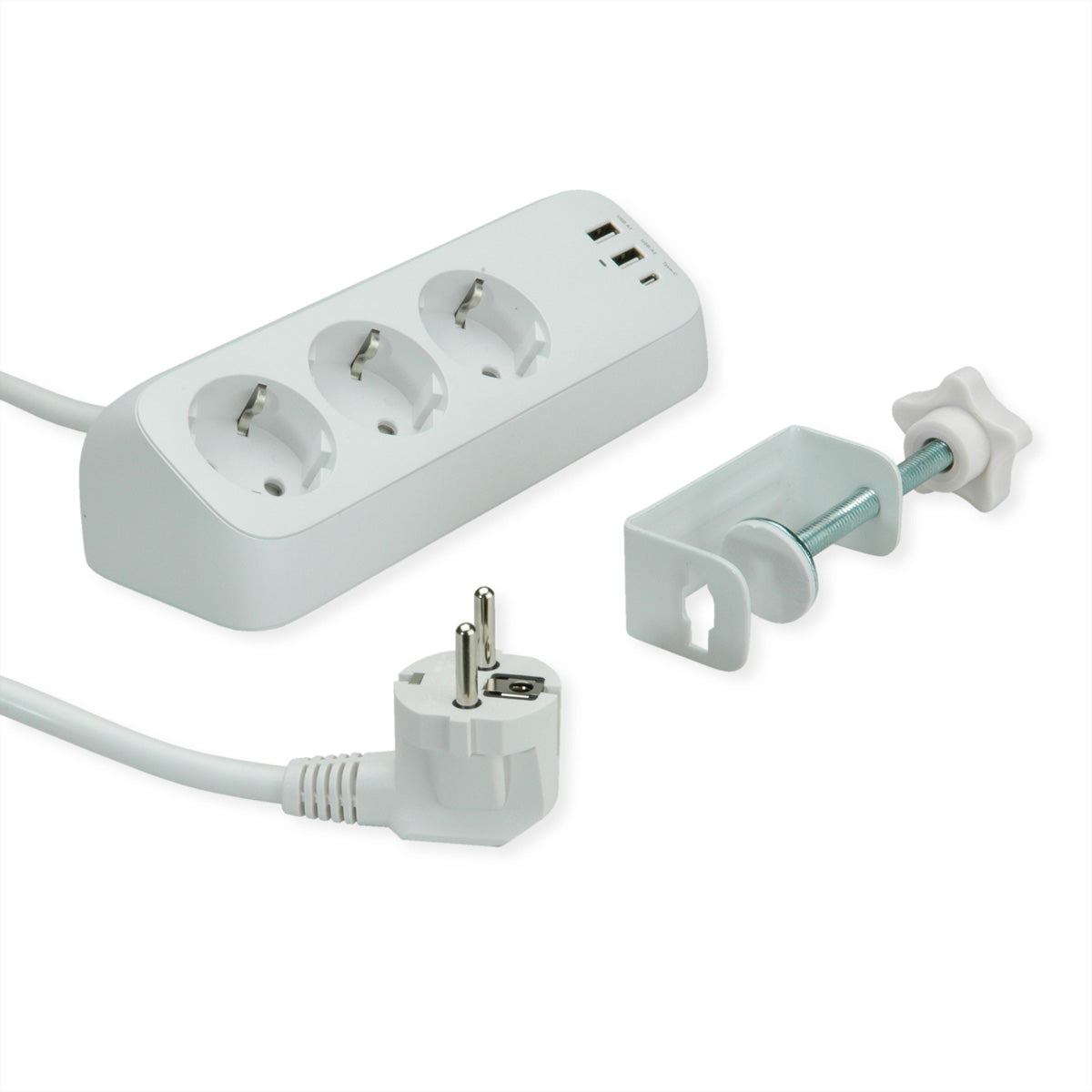VALUE Tisch-Steckdosenleiste 3× Schutzkontakt 3680 W – USB‑C×1, USB‑A×2, USB 32 W – Tischklemme, 1,5 m