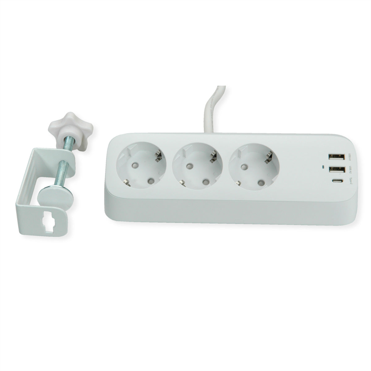 VALUE Tisch-Steckdosenleiste 3× Schutzkontakt 3680 W – USB‑C×1, USB‑A×2, USB 32 W – Tischklemme, 1,5 m