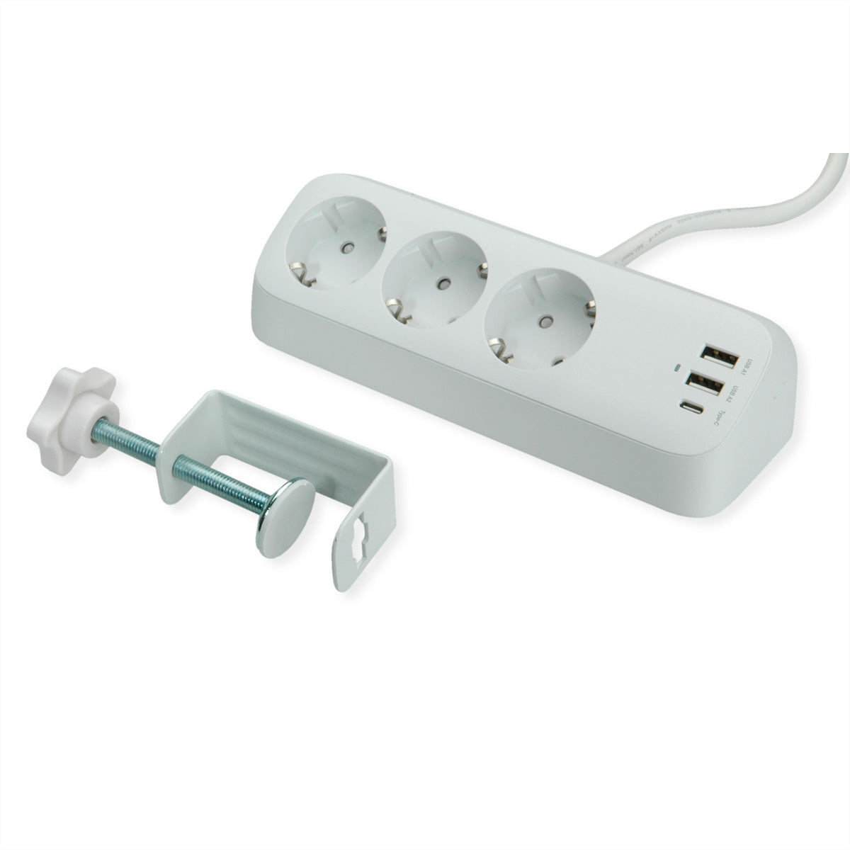 VALUE Tisch-Steckdosenleiste 3× Schutzkontakt 3680 W – USB‑C×1, USB‑A×2, USB 32 W – Tischklemme, 1,5 m
