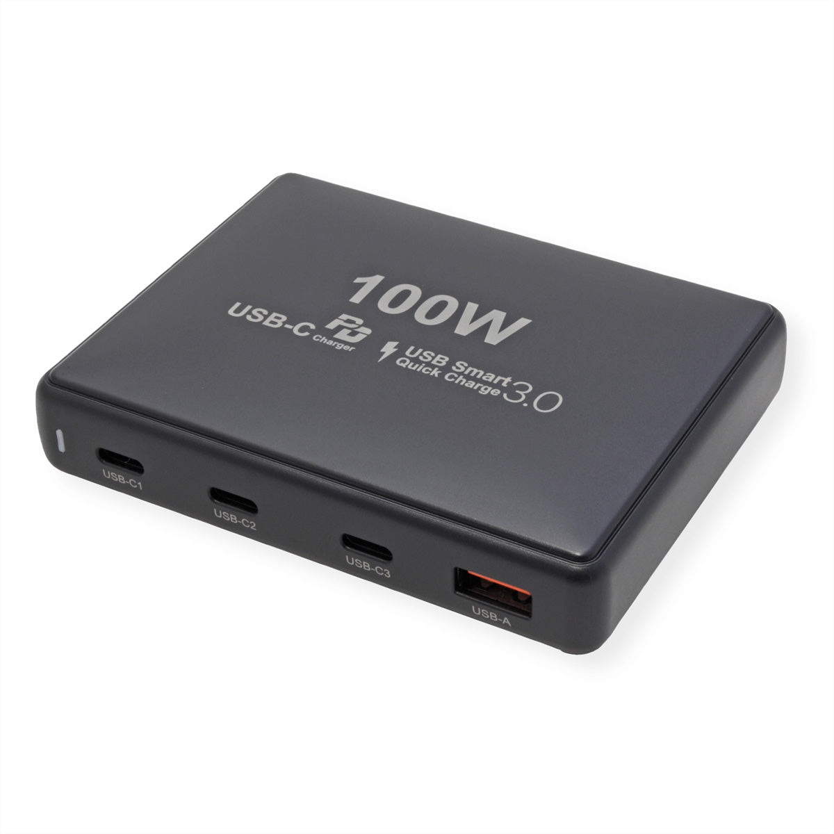 VALUE USB-Desktop-Ladegerät 100 W – USB-C×3, USB-A×1 – PD, GaN – EU-Stecker (Typ C), 1,2 m Kabel, Schwarz