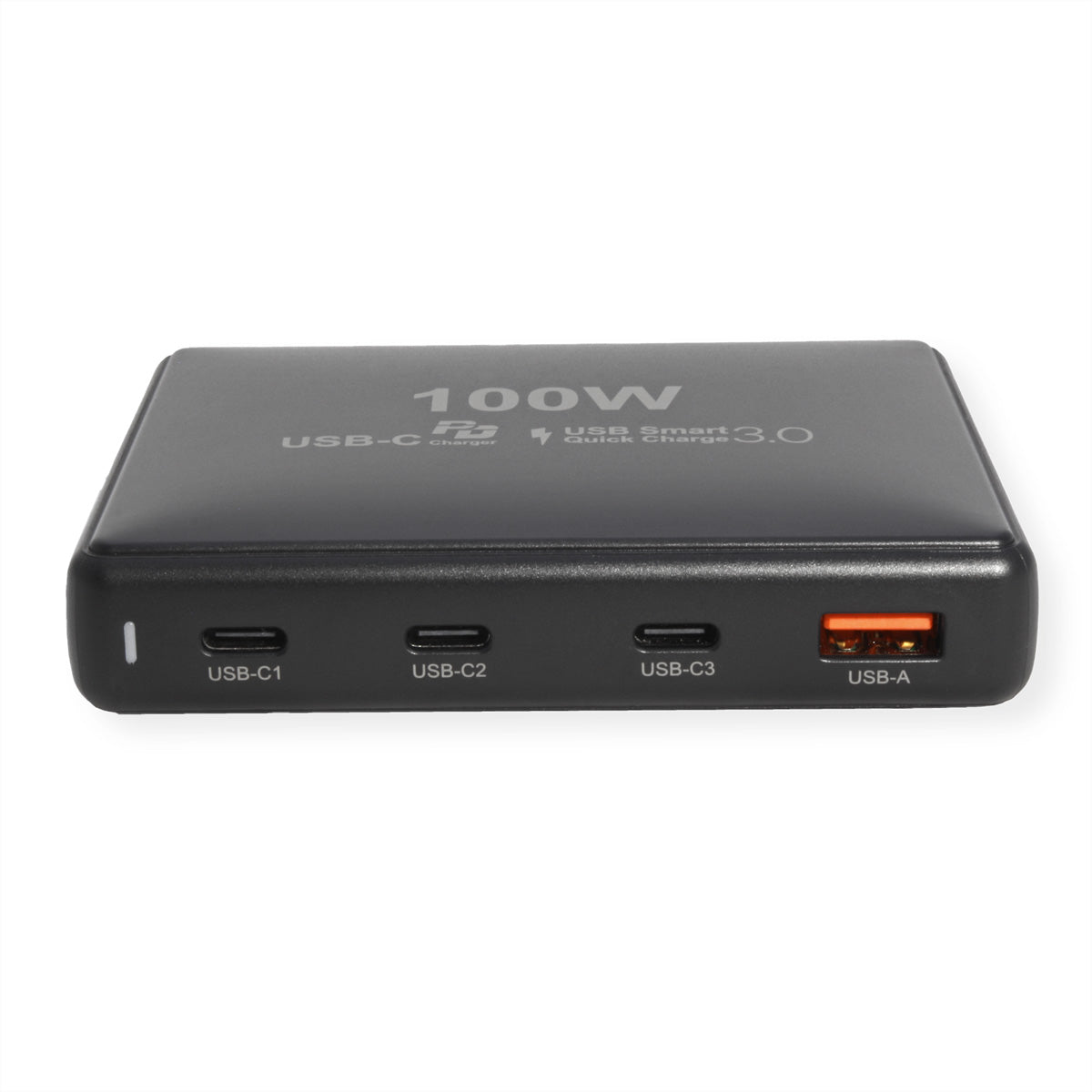 VALUE USB-Desktop-Ladegerät 100 W – USB-C×3, USB-A×1 – PD, GaN – EU-Stecker (Typ C), 1,2 m Kabel, Schwarz