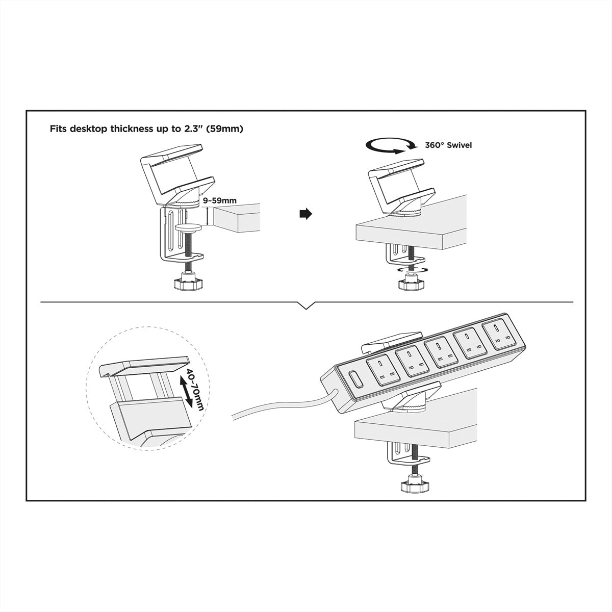 VALUE Kabel-Clip Klemmhalterung für Tisch/Bank – schwenkbar, verbessertes Kabelmanagement, 100 × 61 × 172 mm