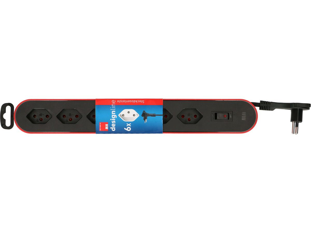 Max Hauri AG Max Hauri Design Line Steckdosenleiste – 6× T13, 2,2 m, mit Schalter, Schwarz/Rot