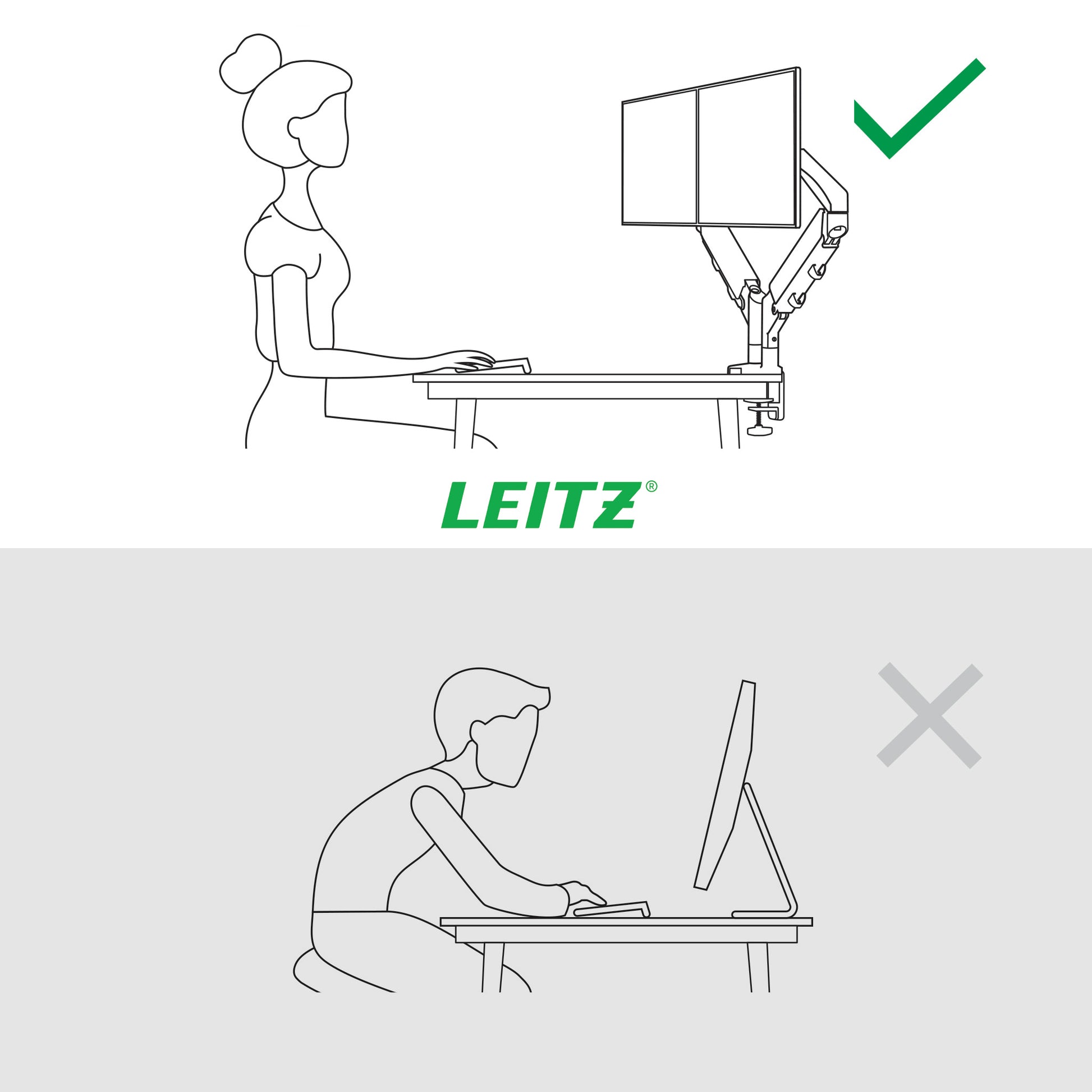 Leitz Ergo 65370085 – Monitorarm, Dual, bis 32", VESA 75 × 75/100 × 100 mm, 9 kg, grau