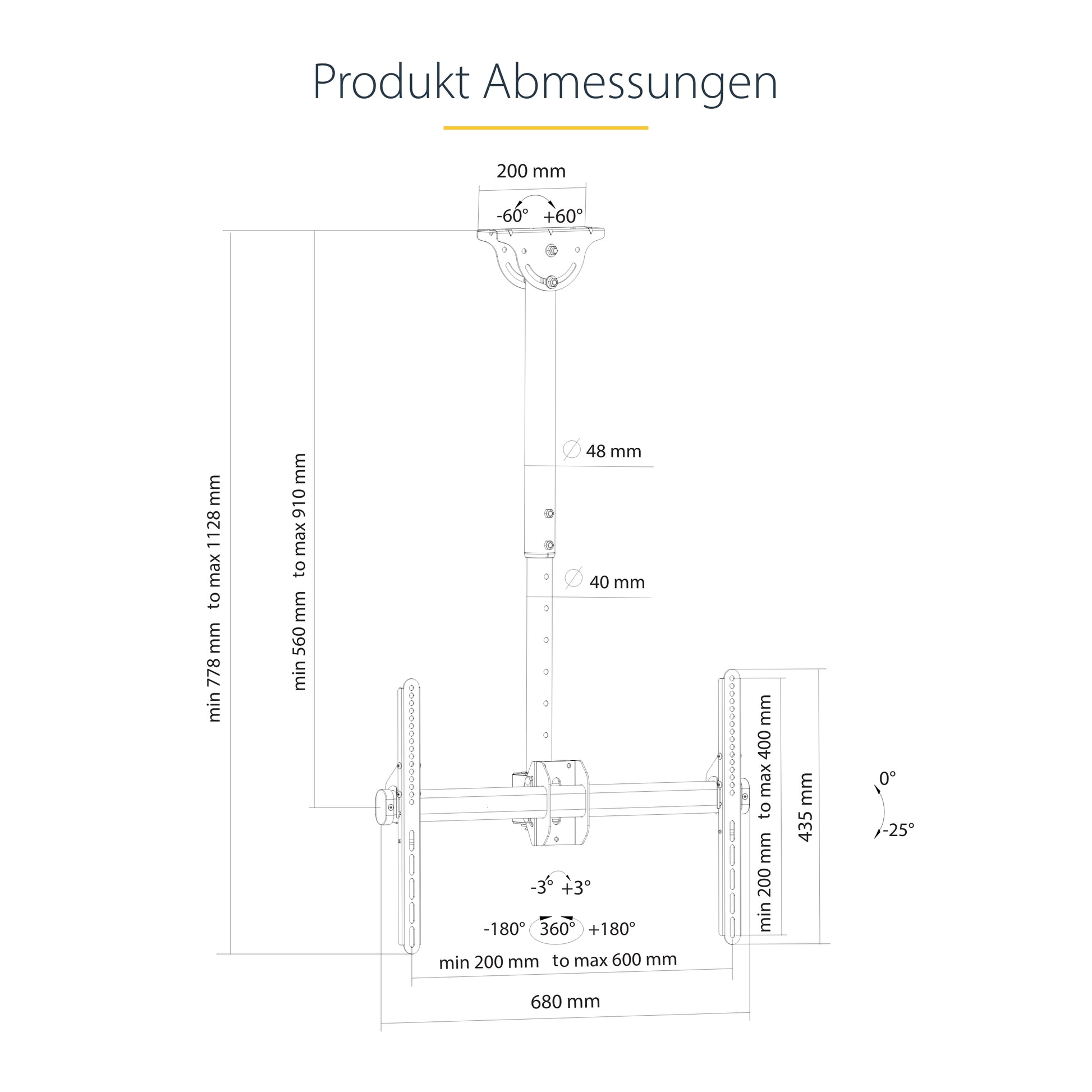 StarTech.com Deckenhalterung – 37–75" – VESA 200×200–600×400 – bis 50 kg, Teleskopmast – Schwarz