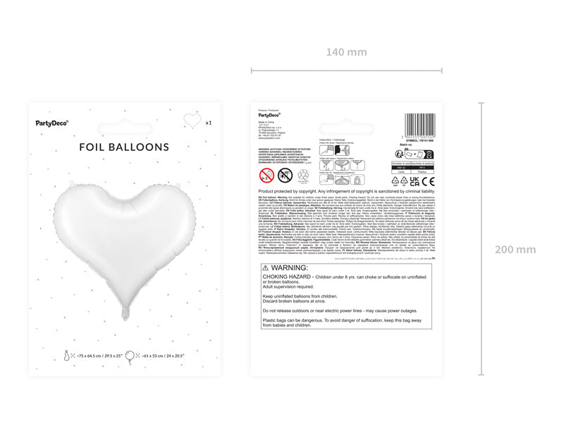 PartyDeco Folienballon Herz – Weiss – 61 × 53 cm – Folie – 1 Stk