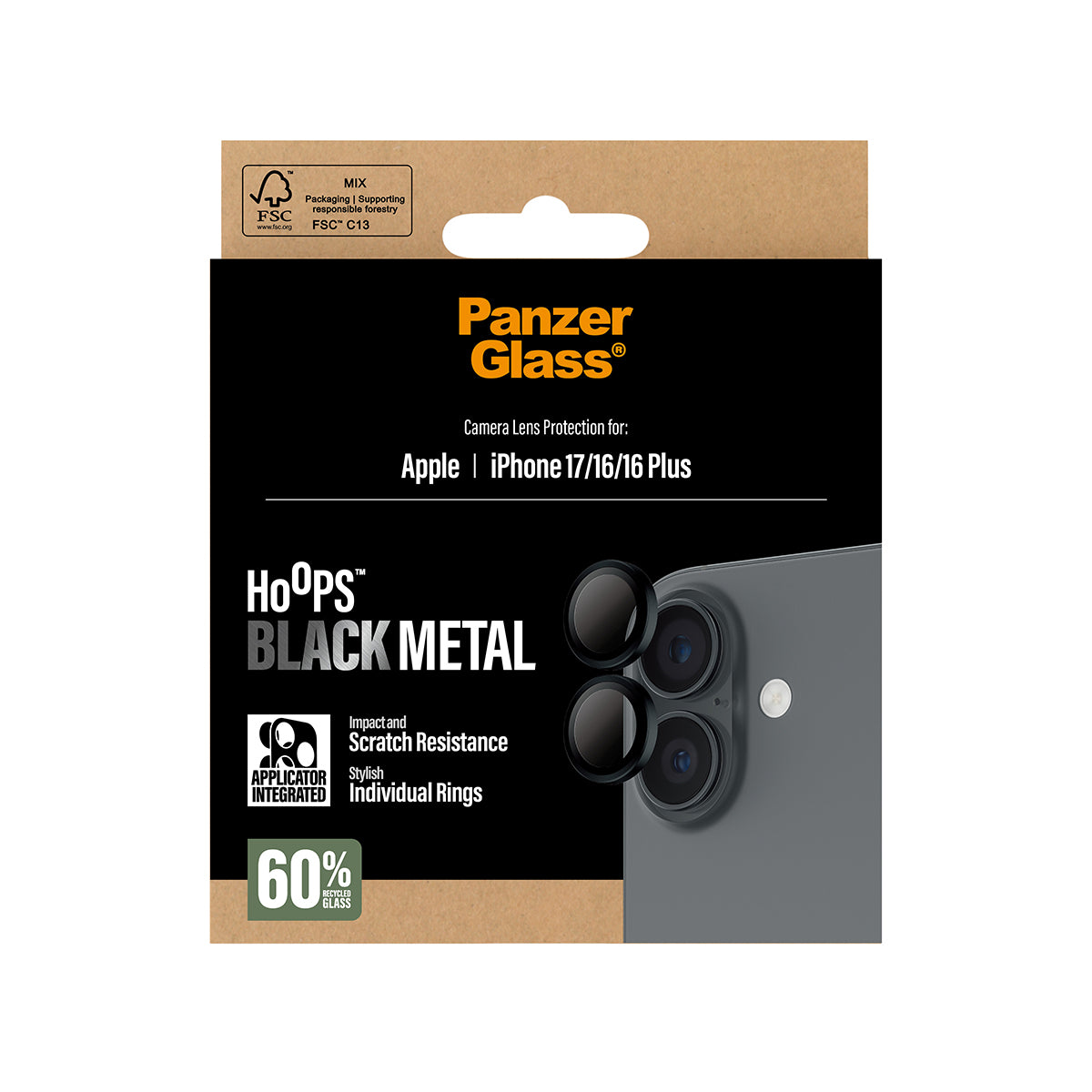 PanzerGlass Kameraschutz Hoops – für Apple iPhone 17/16/16 Plus, kratzresistent, stossfest, Hartglas, schwarz