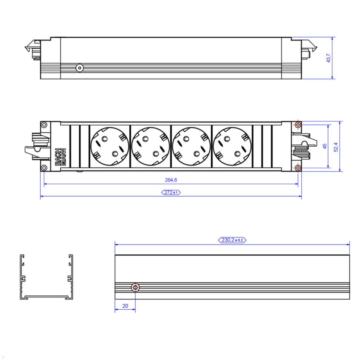 Bachmann STEP ALU Steckdoseneinheit – 4×Schuko (Typ E/F), GST18 Eingang/Ausgang, Aluminium, IP20