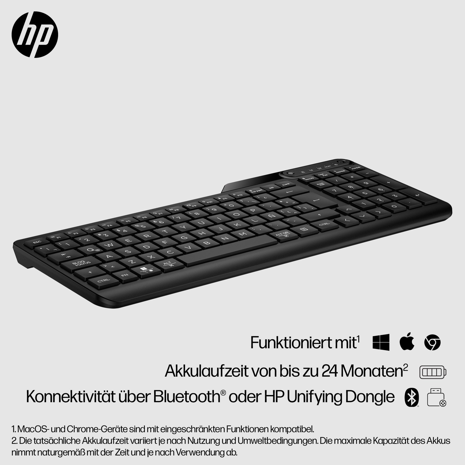 HP 475 Dual-Mode Wireless Tastatur – Membran – Bluetooth & 2,4 GHz (USB-A Empfänger) – Schwarz