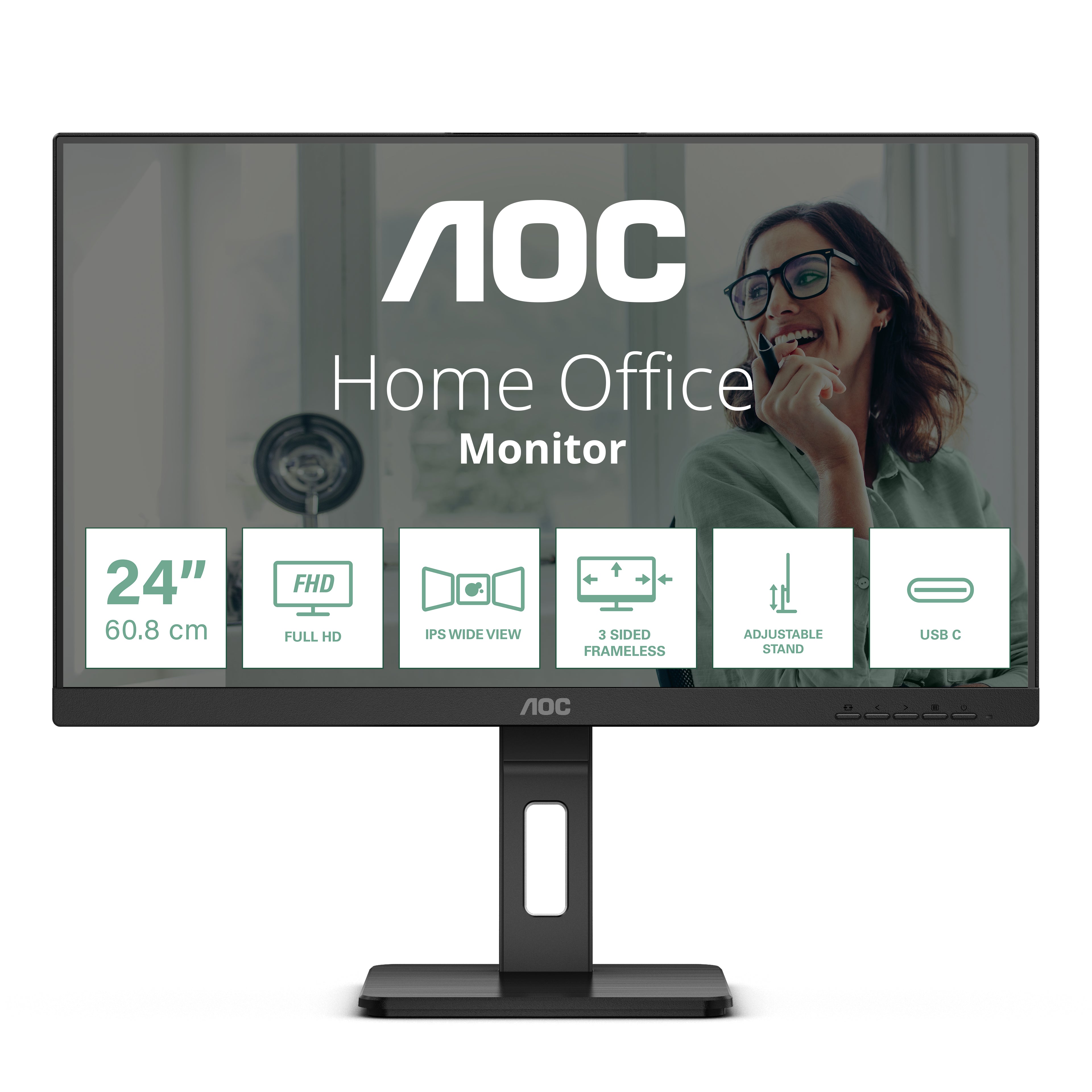 AOC Monitor, 23,8", 300 cd/m², Daisy Chain, USB-C, USB-Hub, Integrierte Lautsprecher, VESA 100 × 100, Schwarz