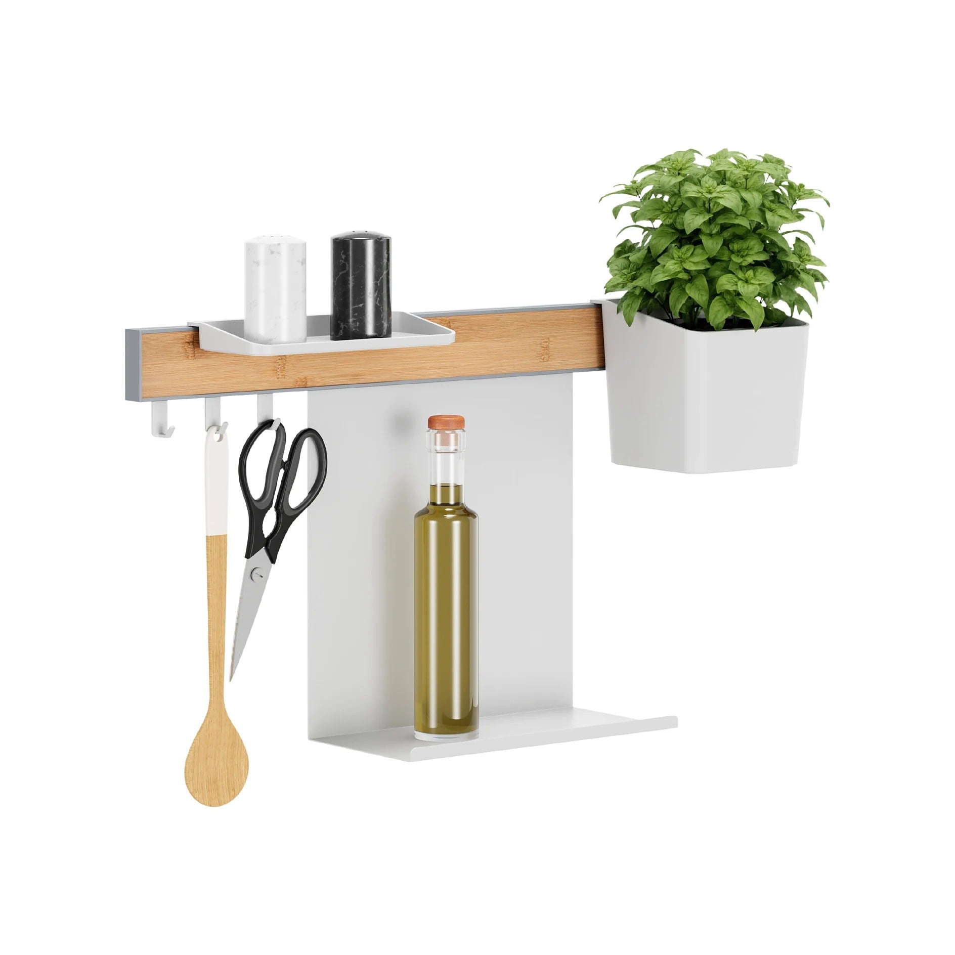 TESA Küchenorganizer Kombi-Set M – für Küchenreling – mit Zierblende Weiss & Bambus – 60 × 34 × 15 cm