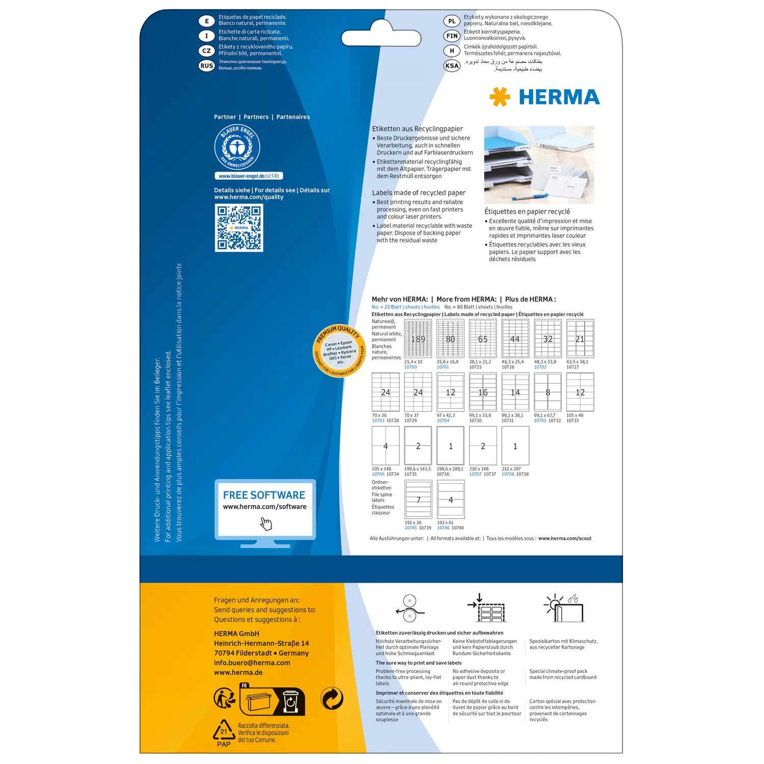 HERMA Etiketten, 70 mm × 36 mm, naturweiss, Altpapier, permanent, Packung: 20 Blatt (480 Etiketten)