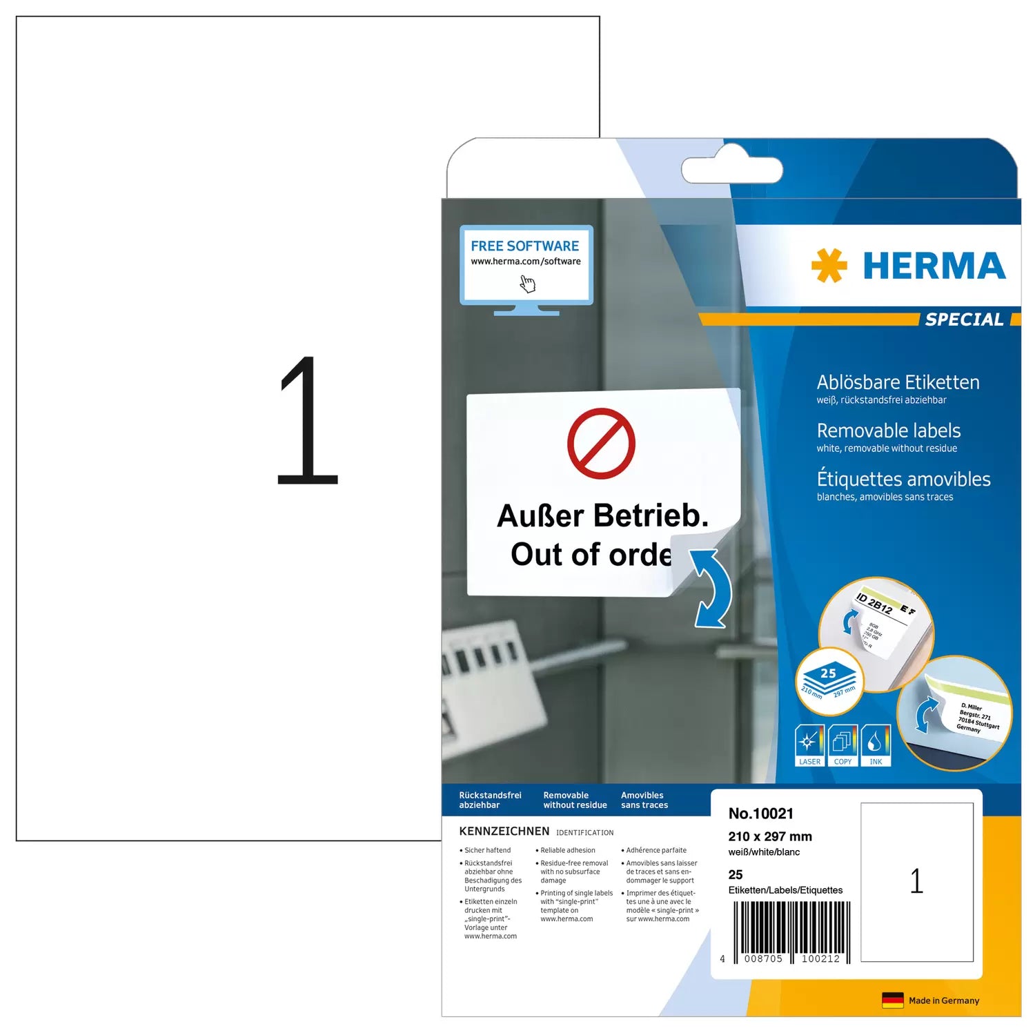 HERMA Drucketiketten, 210 mm × 297 mm, weiss, Papier, ablösbar, 25 Blatt