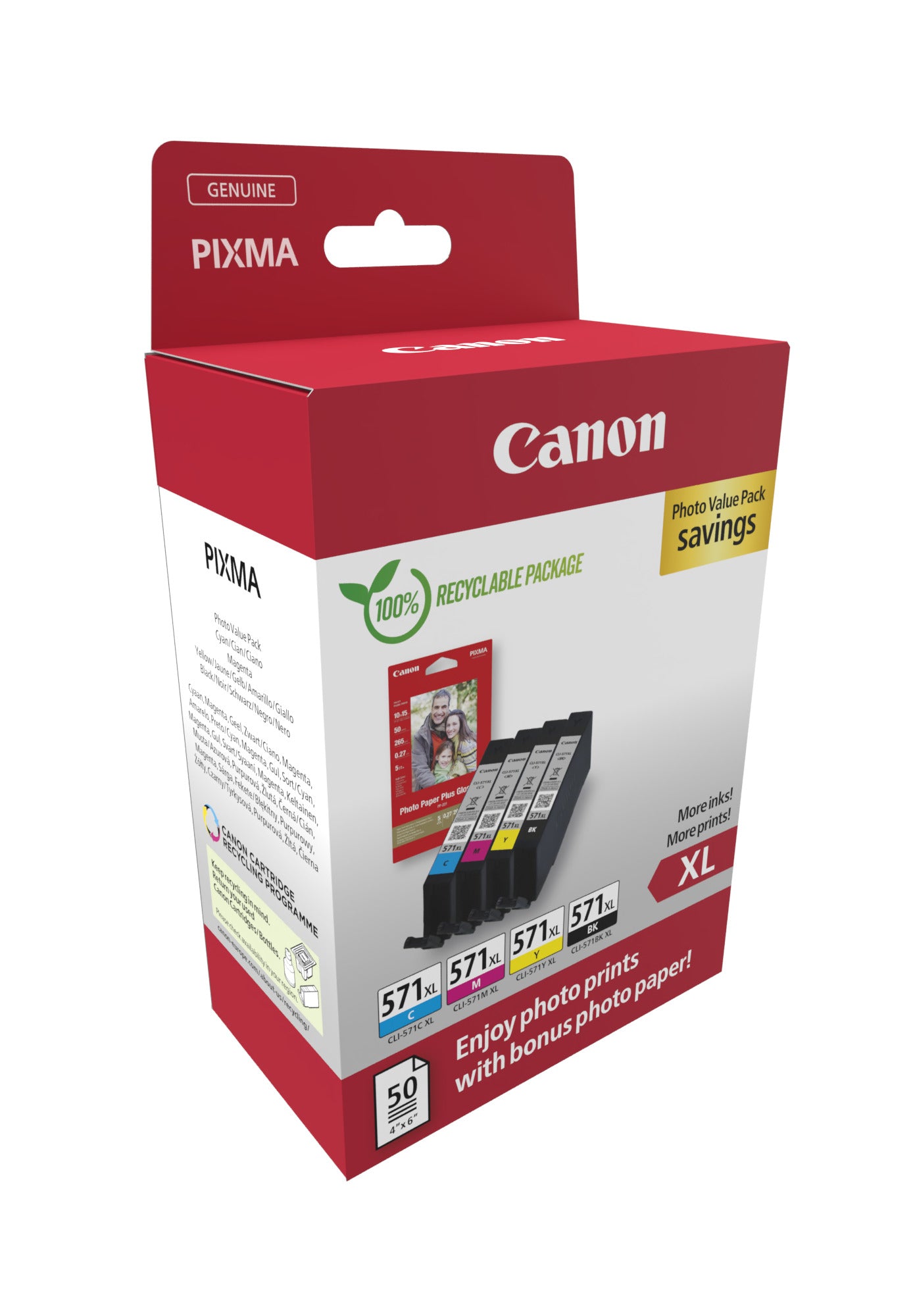 Canon Tintenpatronen-Multipack CLI-571XL, CMYK, 4er-Pack, mit Fotopapier (50 Blatt) – für Inkjetdrucker