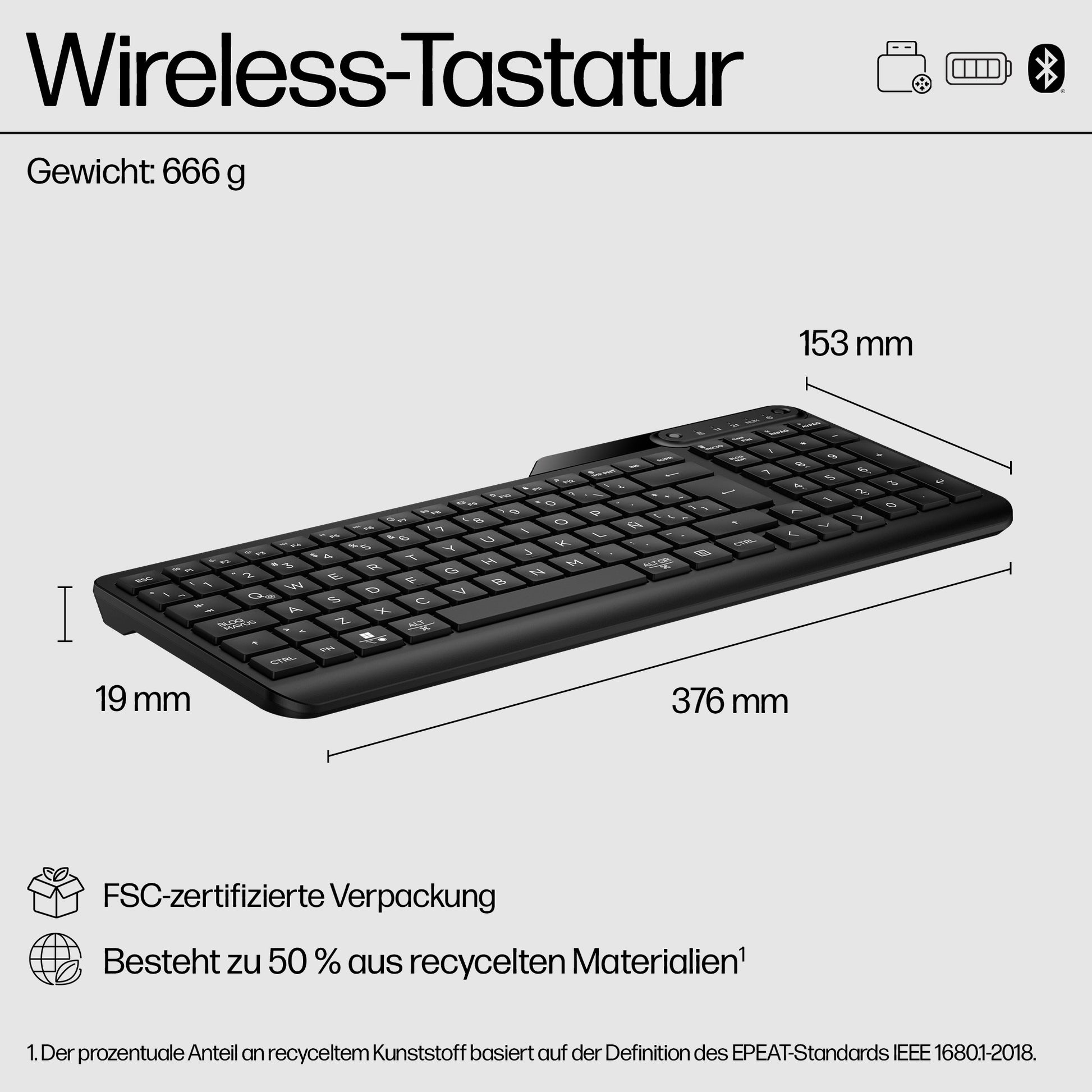 HP 475 Dual-Mode Wireless Tastatur – Membran – Bluetooth & 2,4 GHz (USB-A Empfänger) – Schwarz