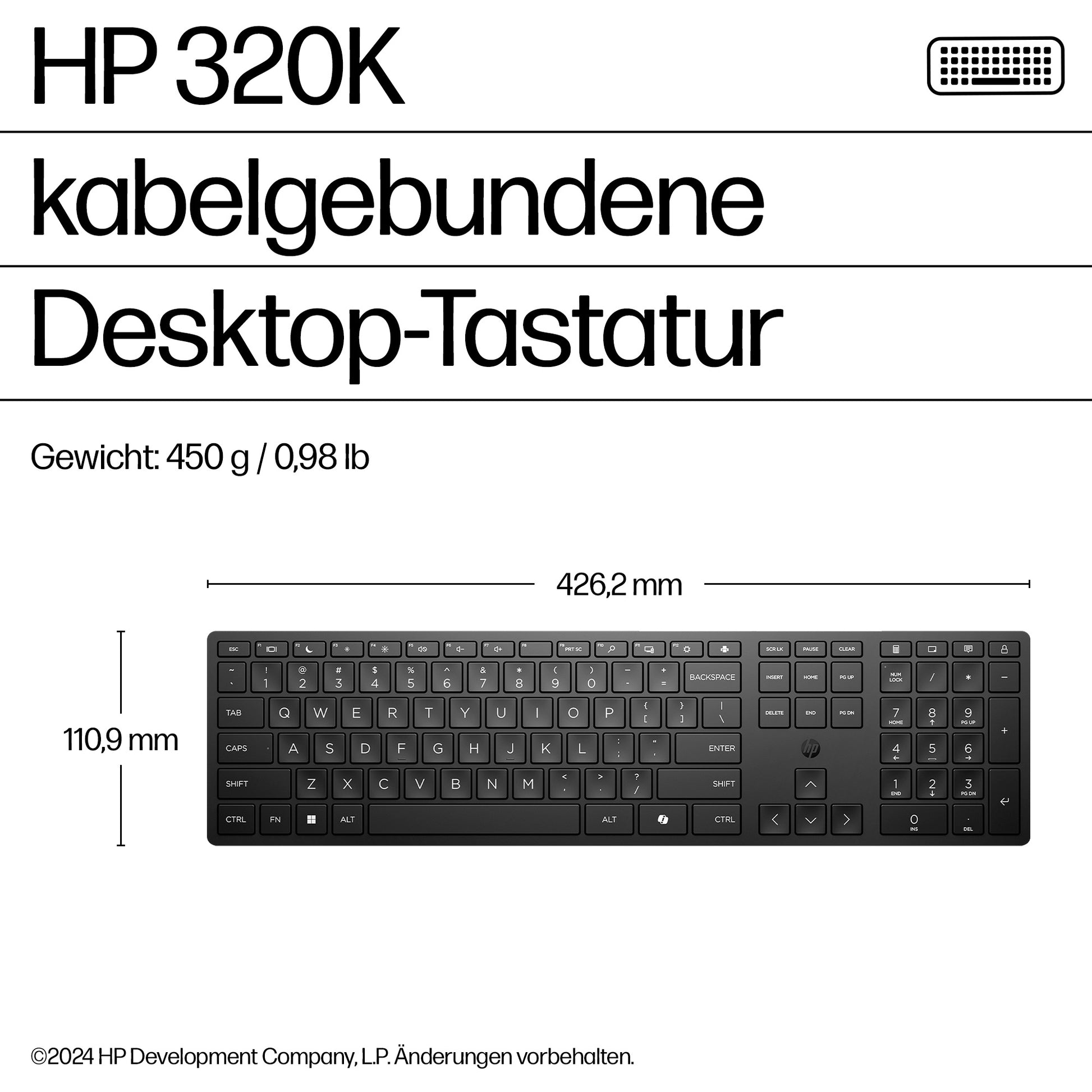 HP Wired Desktop 320K – Tastatur, kabelgebunden (USB-A), CH-Layout (DE-CH), Fullsize (mit Ziffernblock)